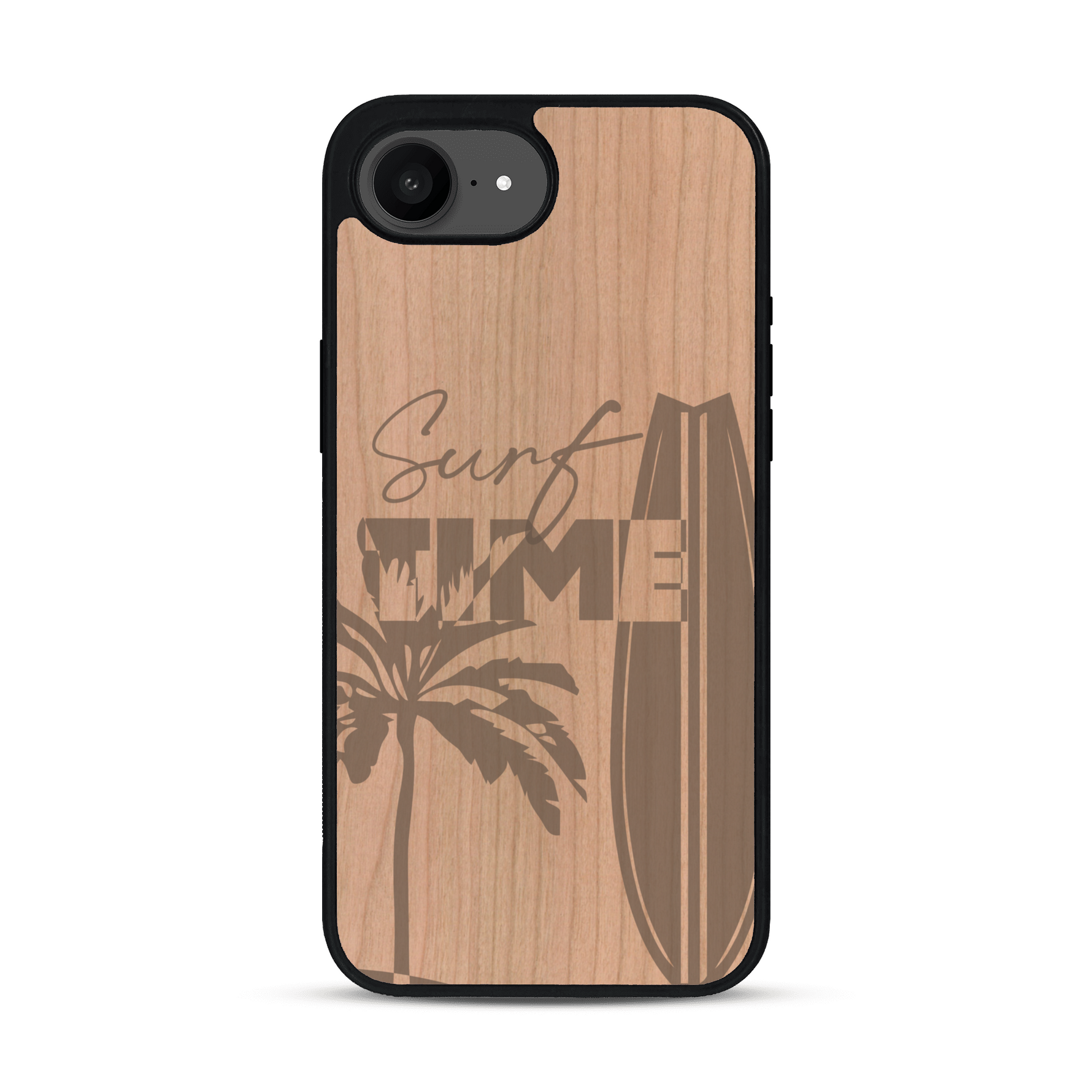 Coque de protection en bois véritable fabriquée en France pour iPhone 17e sur le thème chill avec un motif représentant une silouhette tenant une planche de surf sur une plage entouré de palmiers et les mots "Surf Time Long Beach Miami"