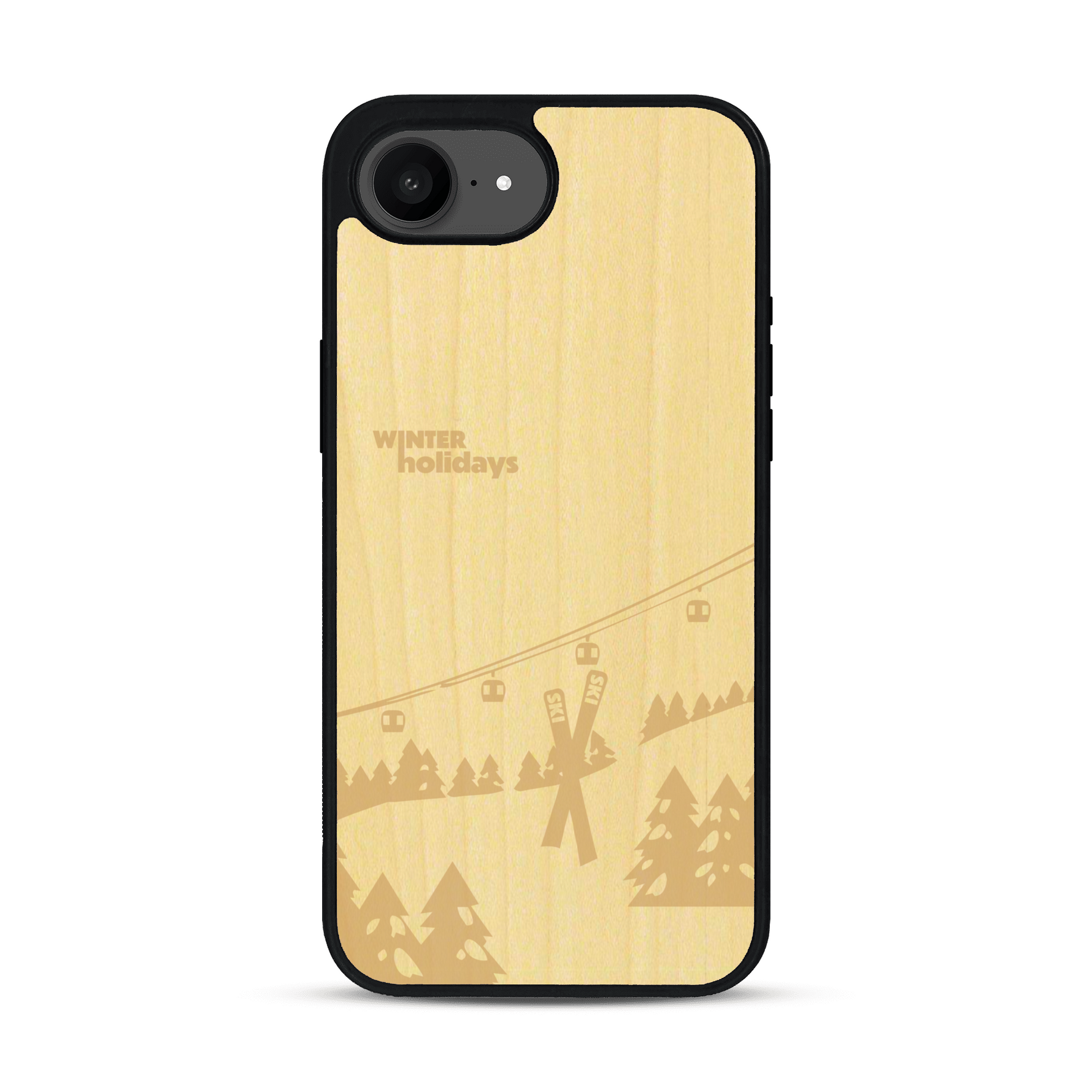 Coque de protection en bois véritable fabriquée en France pour iPhone 17e sur le thème de la montagne, du ski et de la neige avec un motif représentant une paire de ski plantée dans la neige avec en fond des montagnes enneigées