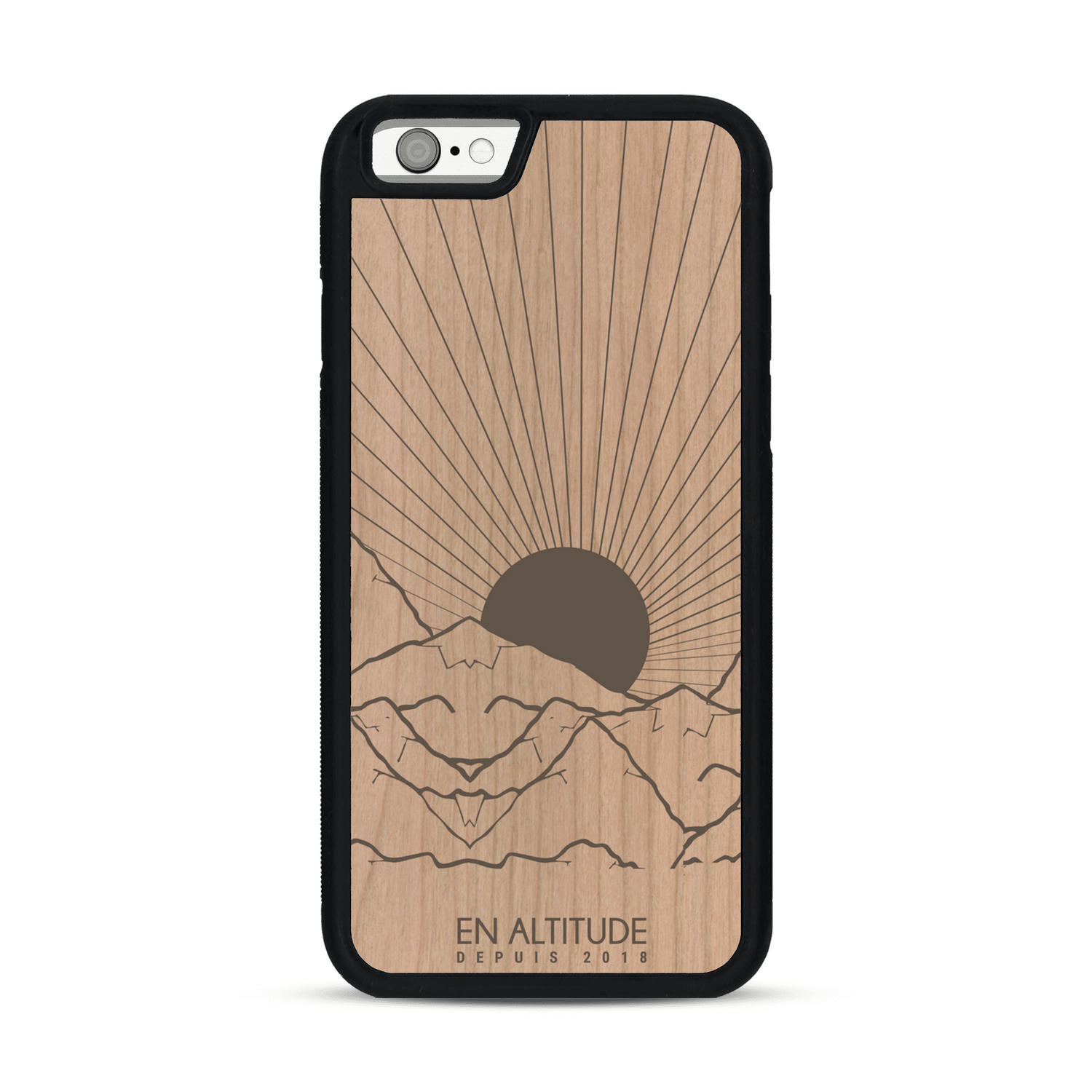Coque de protection en bois véritable fabriquée en France pour  représentant des montagnes, sur le thème de la randonnée en pleine nature et du trail