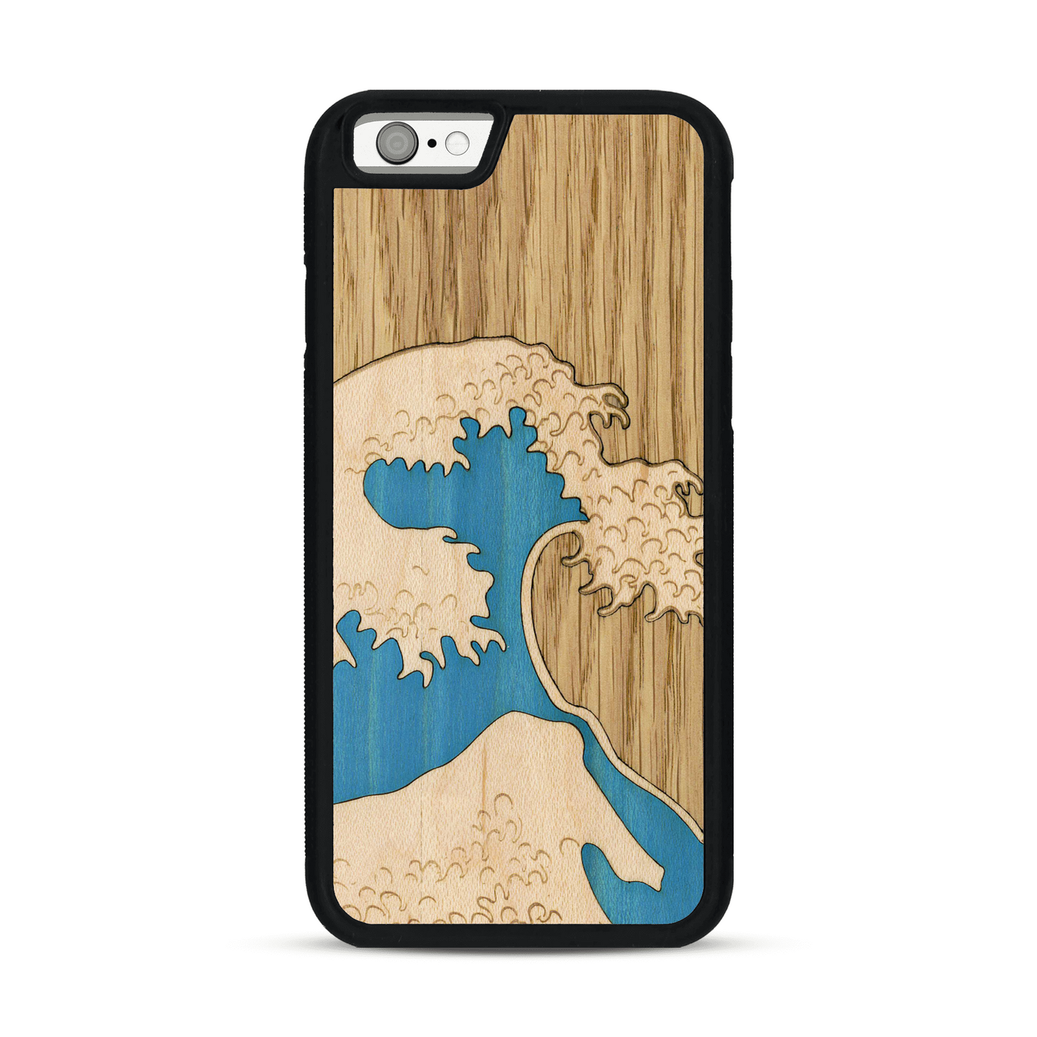 Coque de protection en bois véritable fabriquée en France pour  alliant plusieurs essences de bois pour représenter la célèbre grande vague de Kanagawa