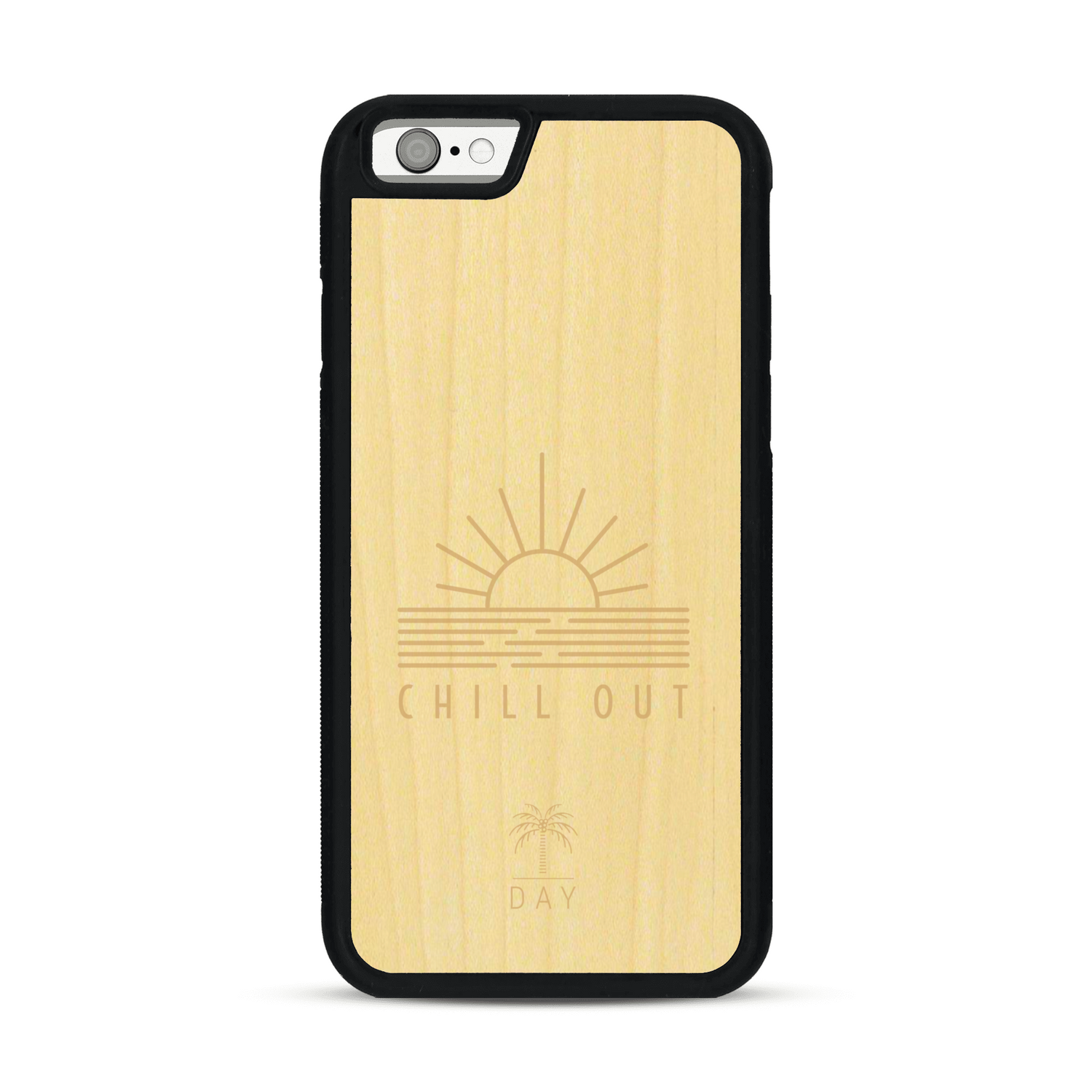 Coque de protection en bois véritable fabriquée en France pour  sur le thème chill avec un motif représentant un couché de soleil sur l'océan et la phrase "Chill out"
