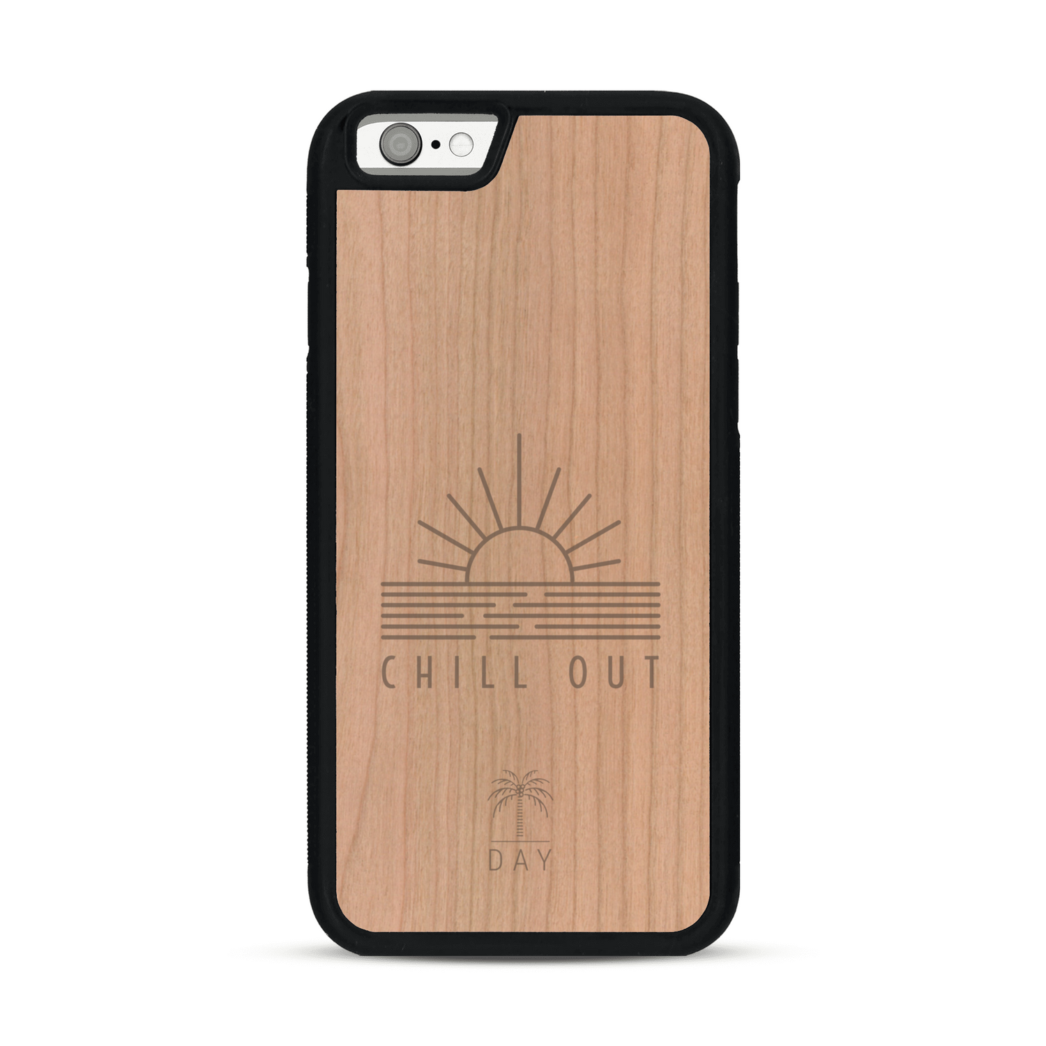 Coque de protection en bois véritable fabriquée en France pour  sur le thème chill avec un motif représentant un couché de soleil sur l'océan et la phrase "Chill out"