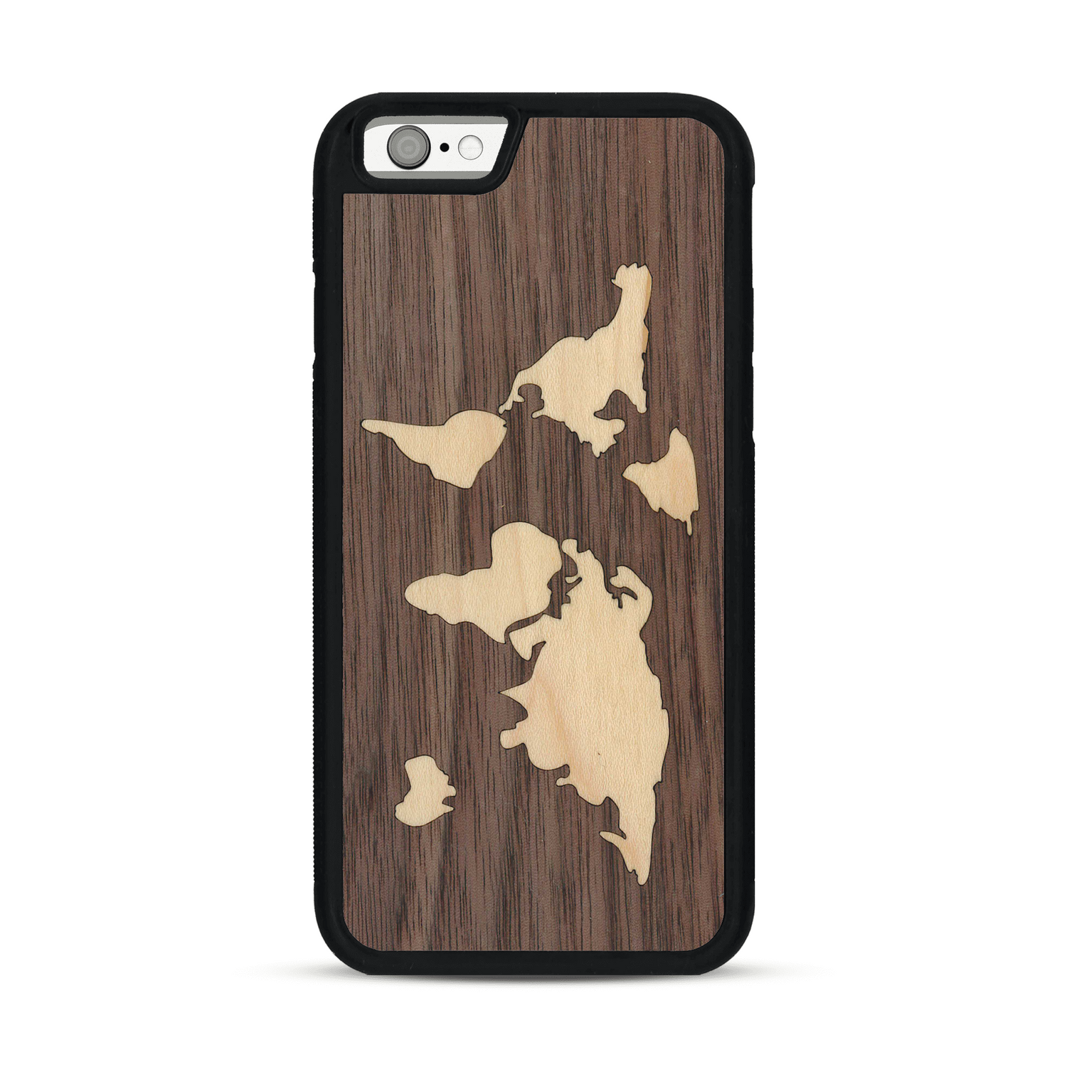 Coque de protection en bois véritable fabriquée en France pour  alliant du bambou et du noyer sur le thème du voyage et de l'aventure représentant une mappemonde