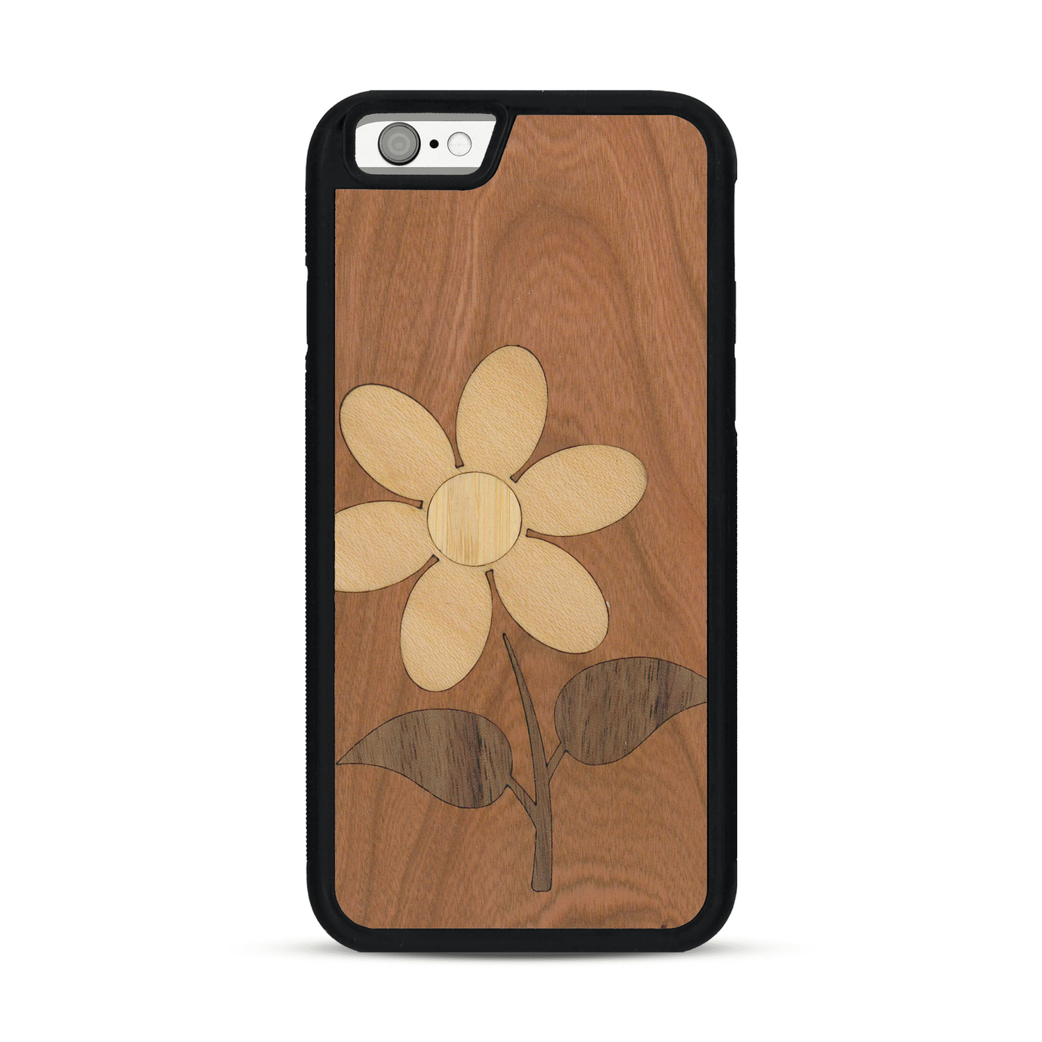 Coque de protection en bois véritable fabriquée en France pour  alliant plusieurs essences de bois pour représenter une marguerite
