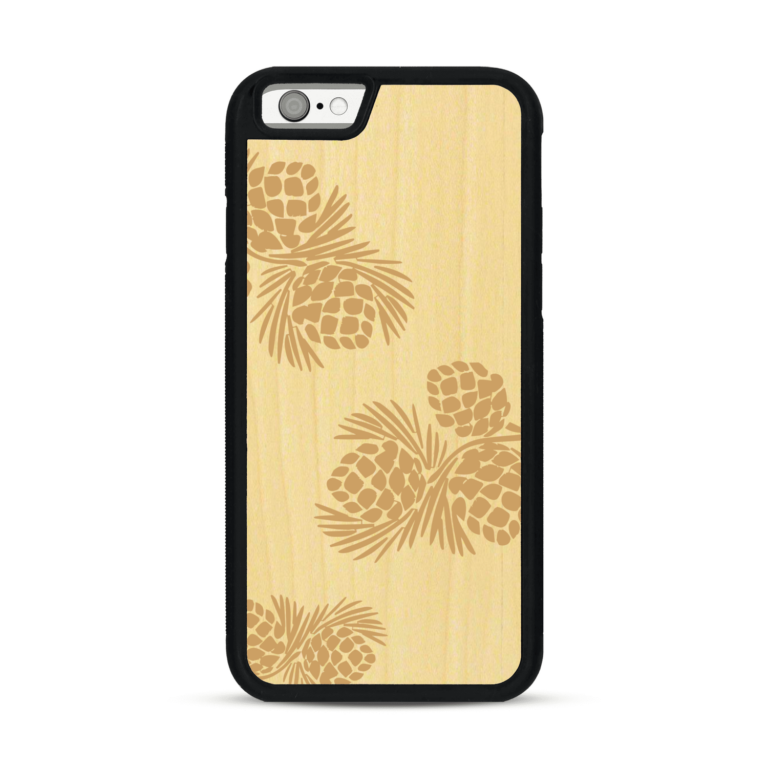 Coque de protection en bois véritable fabriquée en France pour  sur le thème de la nature des arbres avec un motif de gravure représentant des épines de sapin et des pommes de pin