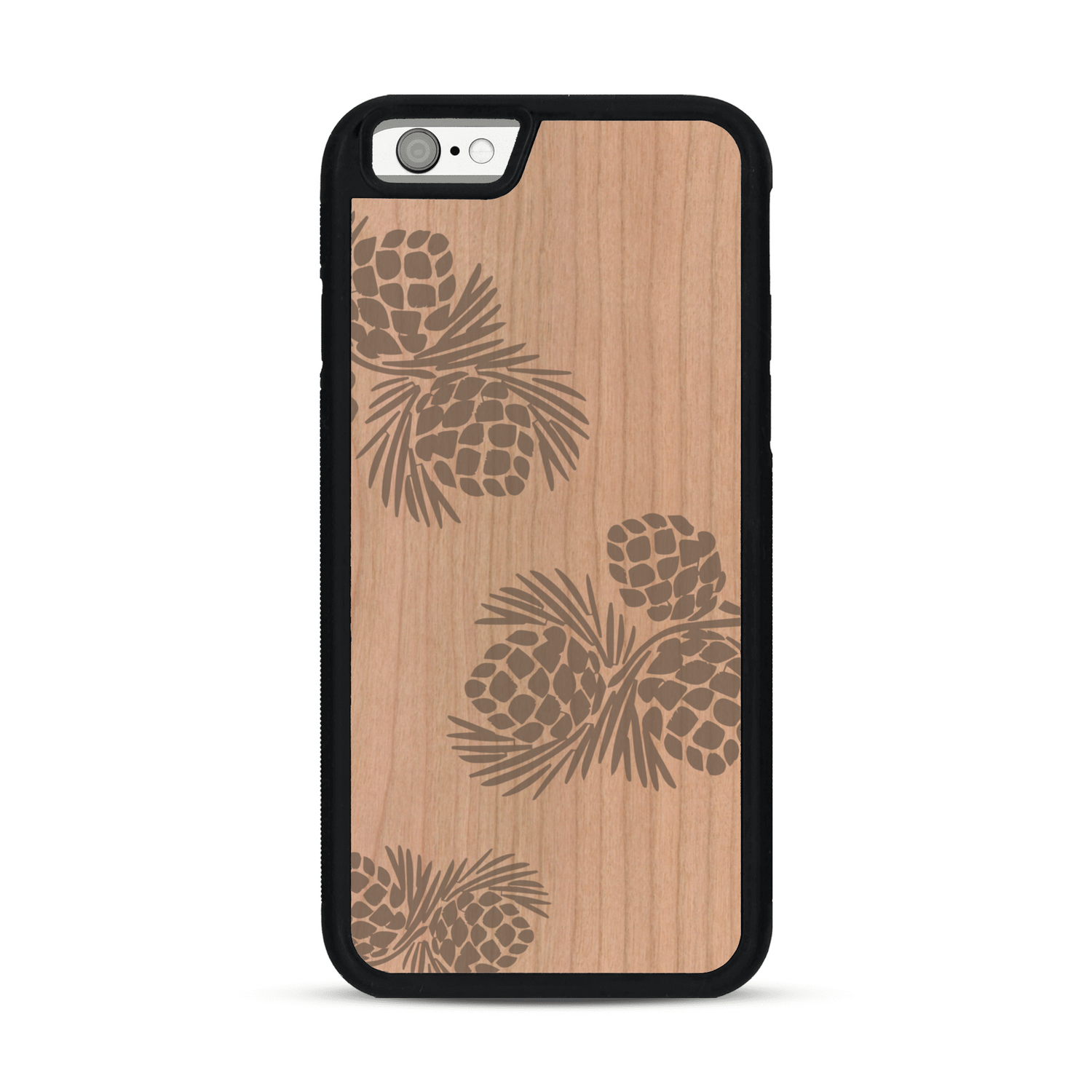 Coque de protection en bois véritable fabriquée en France pour  sur le thème de la nature des arbres avec un motif de gravure représentant des épines de sapin et des pommes de pin