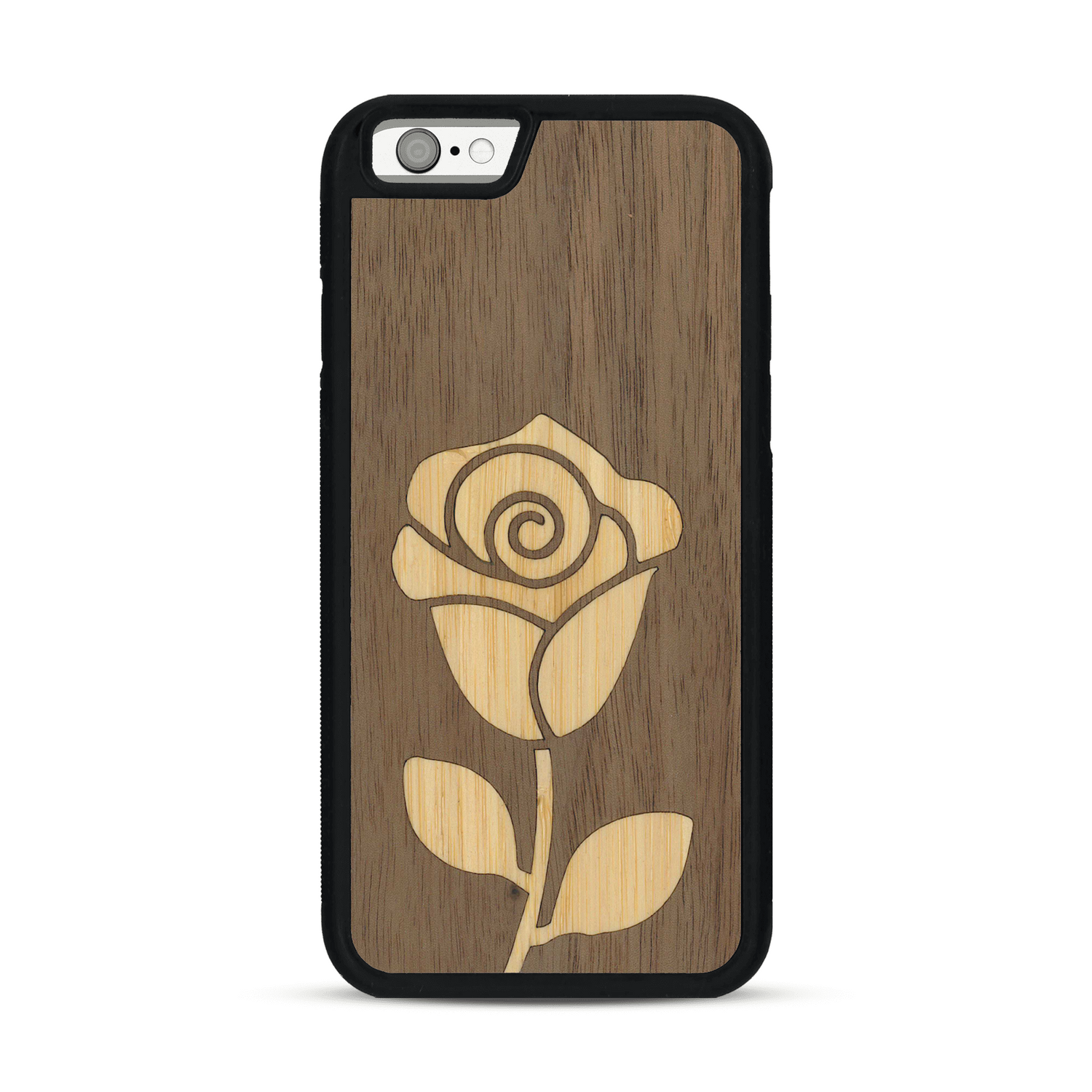 Coque de protection en bois véritable fabriquée en France pour  alliant plusieurs essences de bois pour représenter une rose