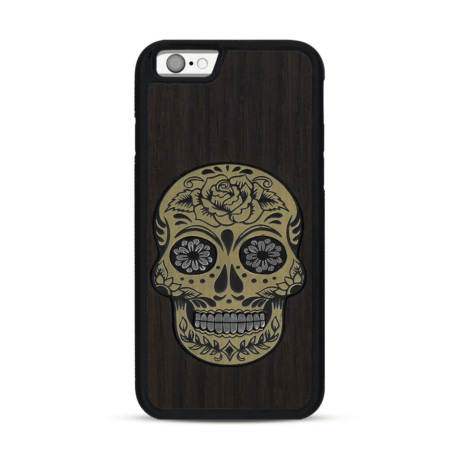 Coque de protection en bois véritable fabriquée en France pour  alliant du chêne fumé avec du métal argenté et doré représentant une tête de mort mexicaine sur le thème Dia de los Muertos