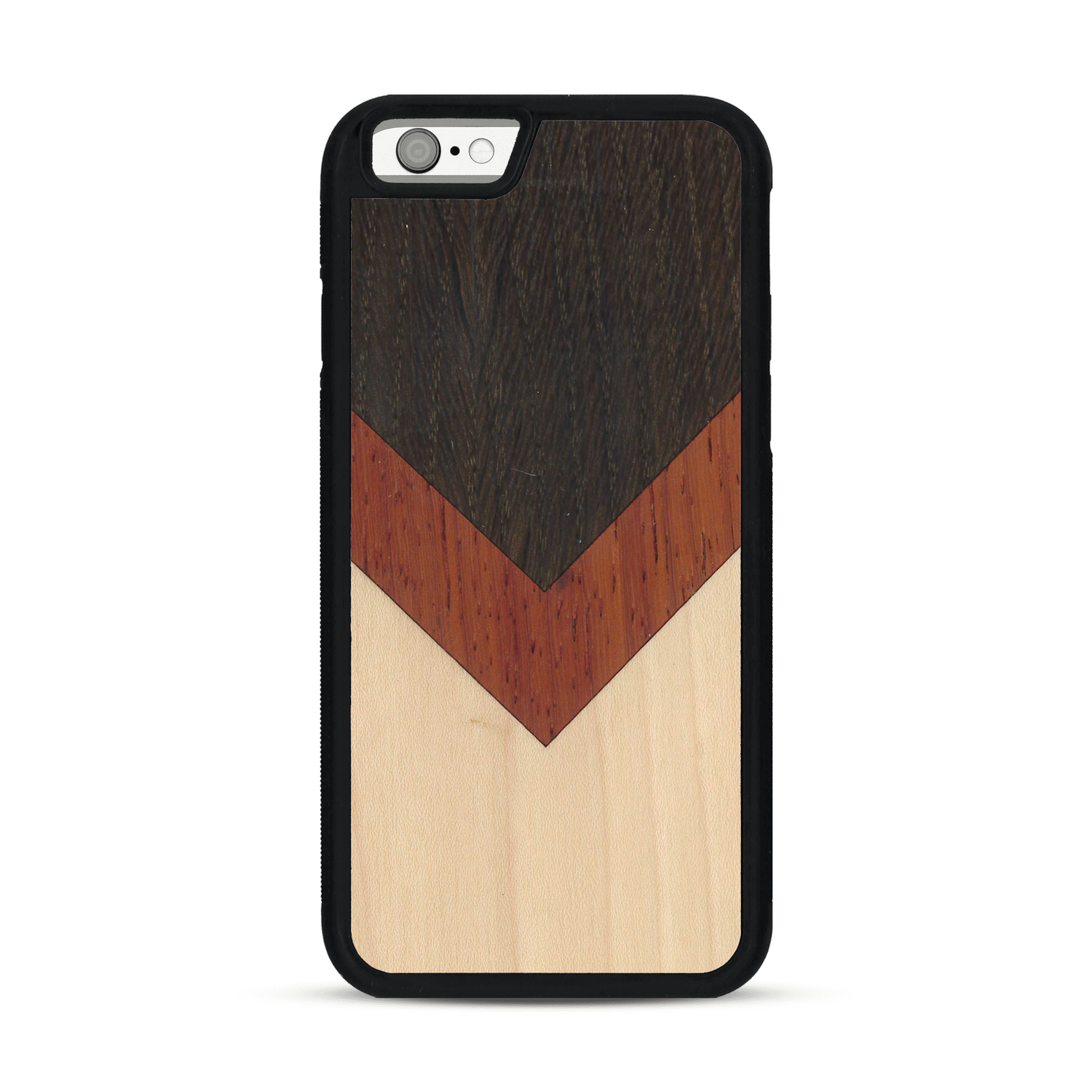 Coque de protection en bois véritable fabriquée en France pour  alliant du chêne fumé, du padouk et du bambou en forme de chevron sur le thème de l'art abstrait