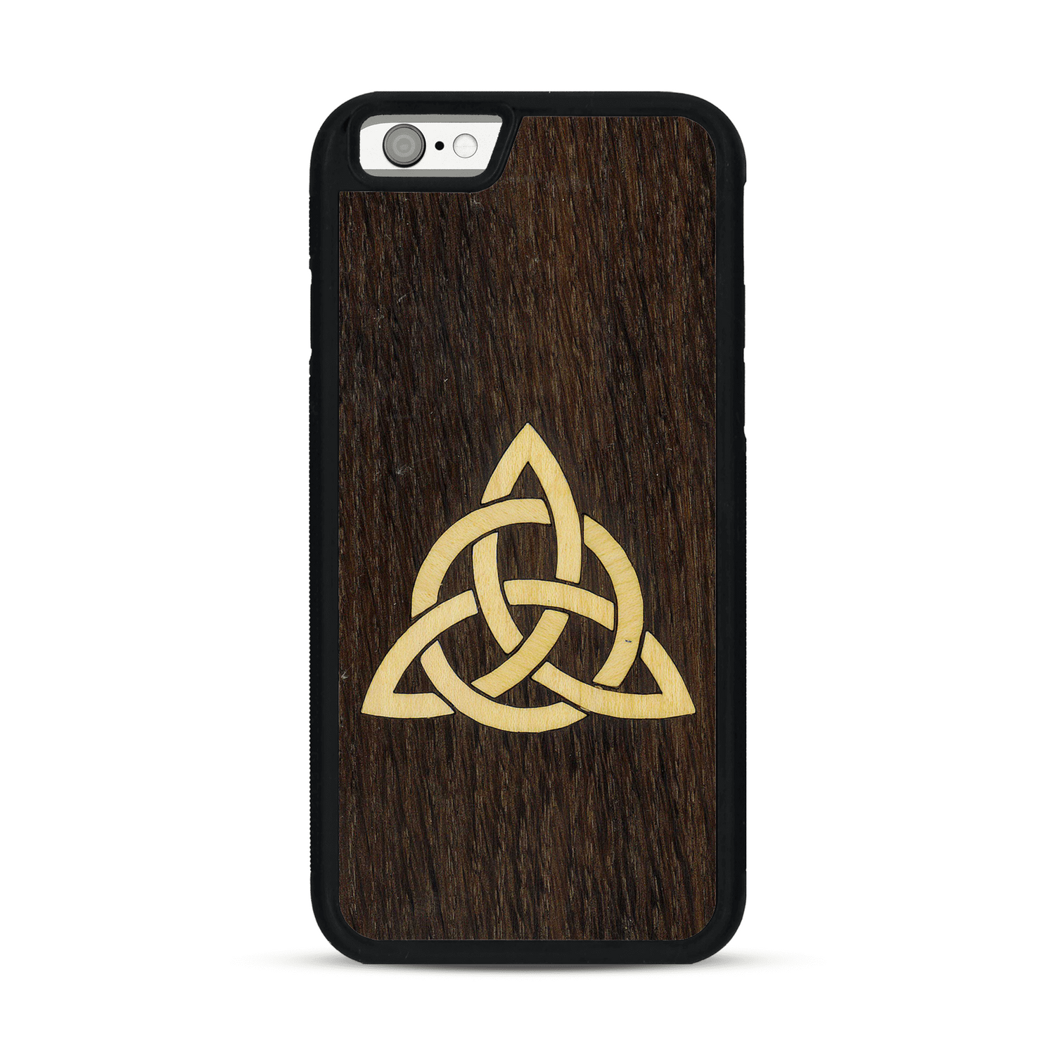 Coque de protection en bois véritable fabriquée en France pour  alliant du chêne fumé et du bambou représentant une triquetra