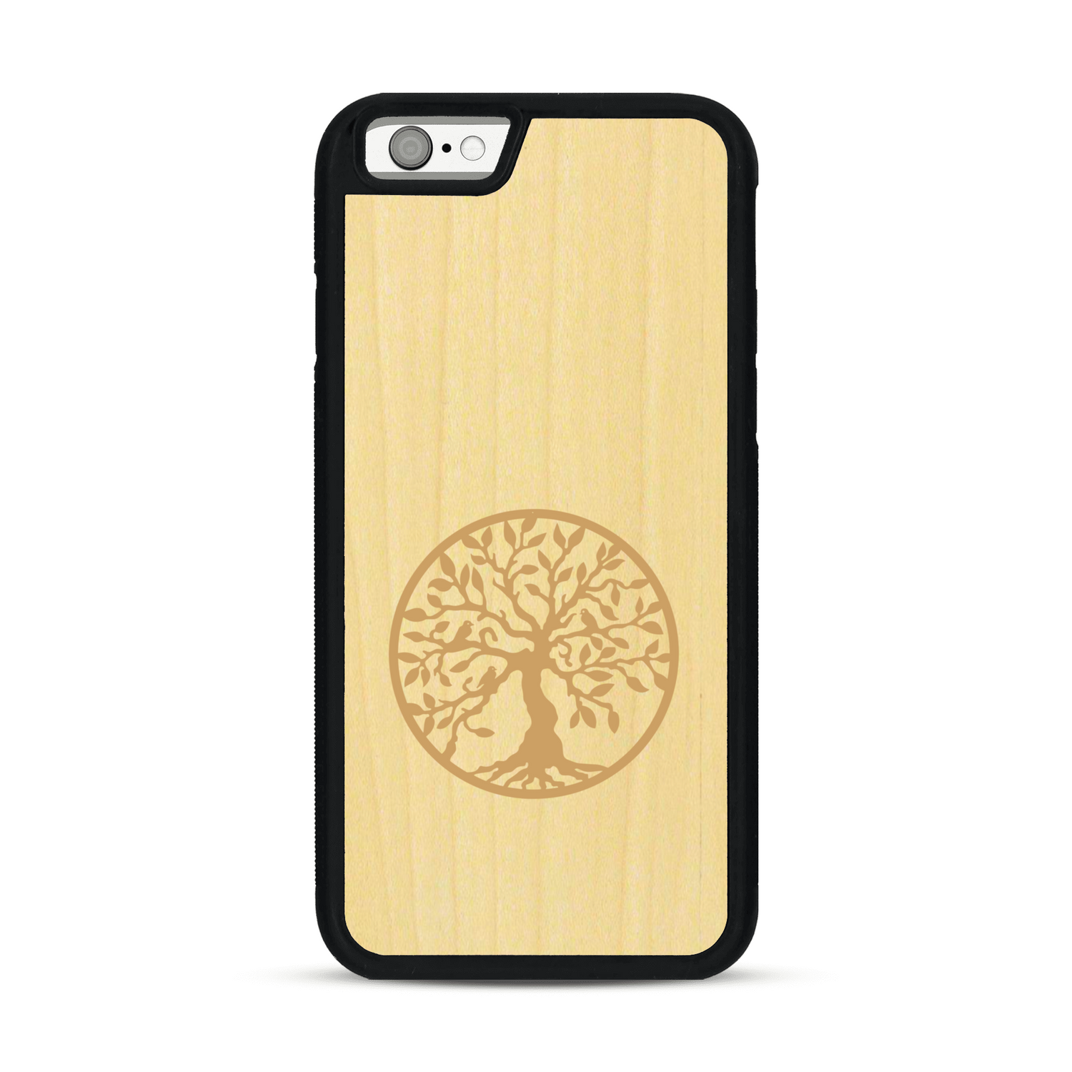Coque de protection en bois véritable fabriquée en France pour  sur le thème de la spiritualité et du yoga avec une gravure zen représentant un arbre de vie