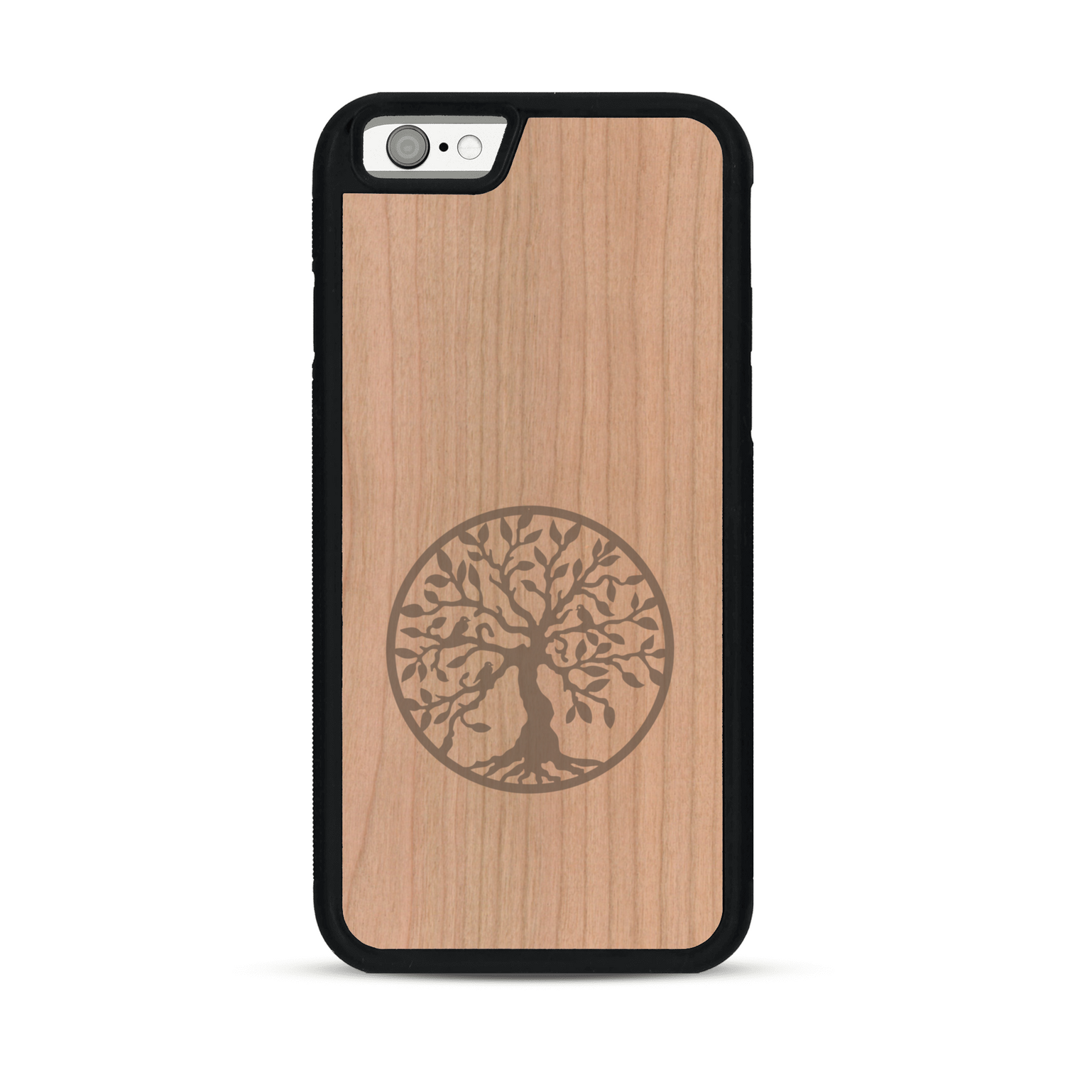 Coque de protection en bois véritable fabriquée en France pour  sur le thème de la spiritualité et du yoga avec une gravure zen représentant un arbre de vie