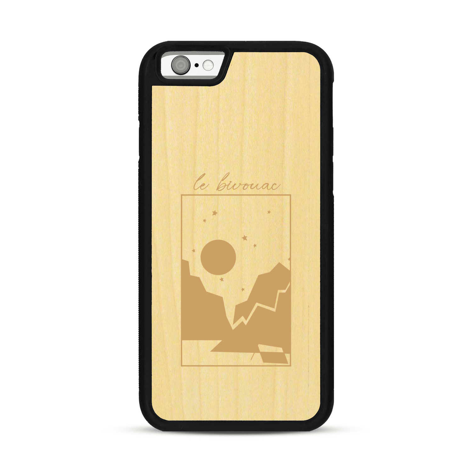 Coque de protection en bois véritable fabriquée en France pour  sur le thème du camping en pleine nature et du bivouac avec la phrase "Aventure is out there"