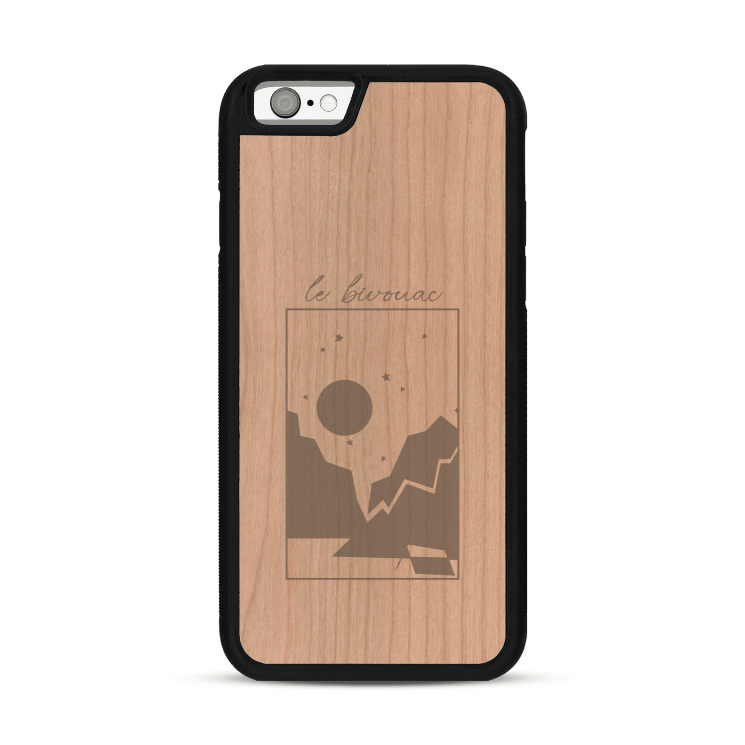 Coque de protection en bois véritable fabriquée en France pour  sur le thème du camping en pleine nature et du bivouac avec la phrase "Aventure is out there"