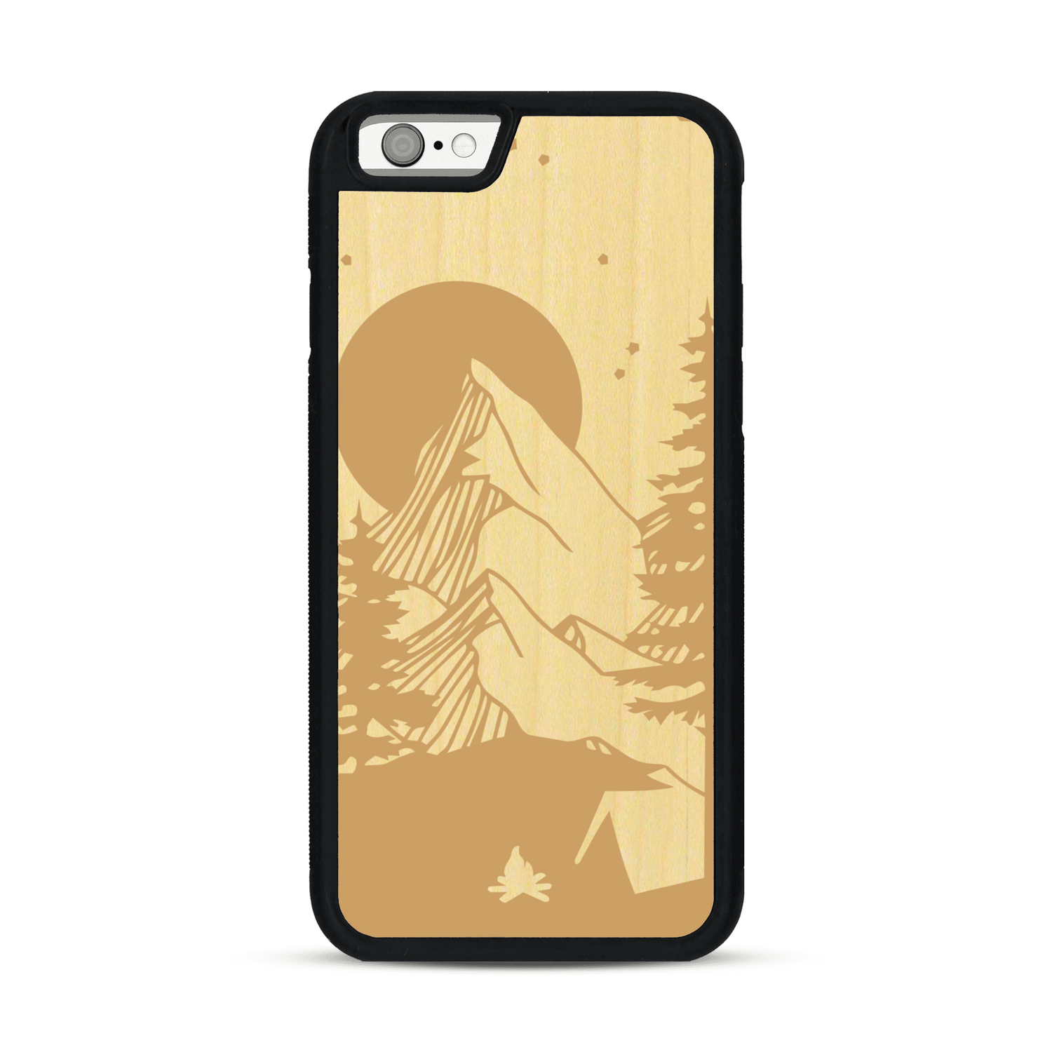 Coque de protection en bois véritable fabriquée en France pour  sur le thème du camping en pleine nature représentant une tente avec un feu de camp entouré de montagnes