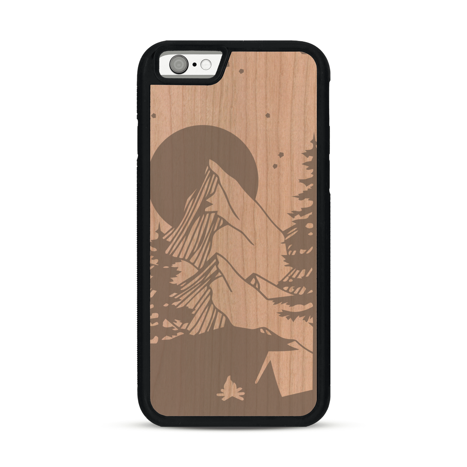 Coque de protection en bois véritable fabriquée en France pour  sur le thème du camping en pleine nature représentant une tente avec un feu de camp entouré de montagnes