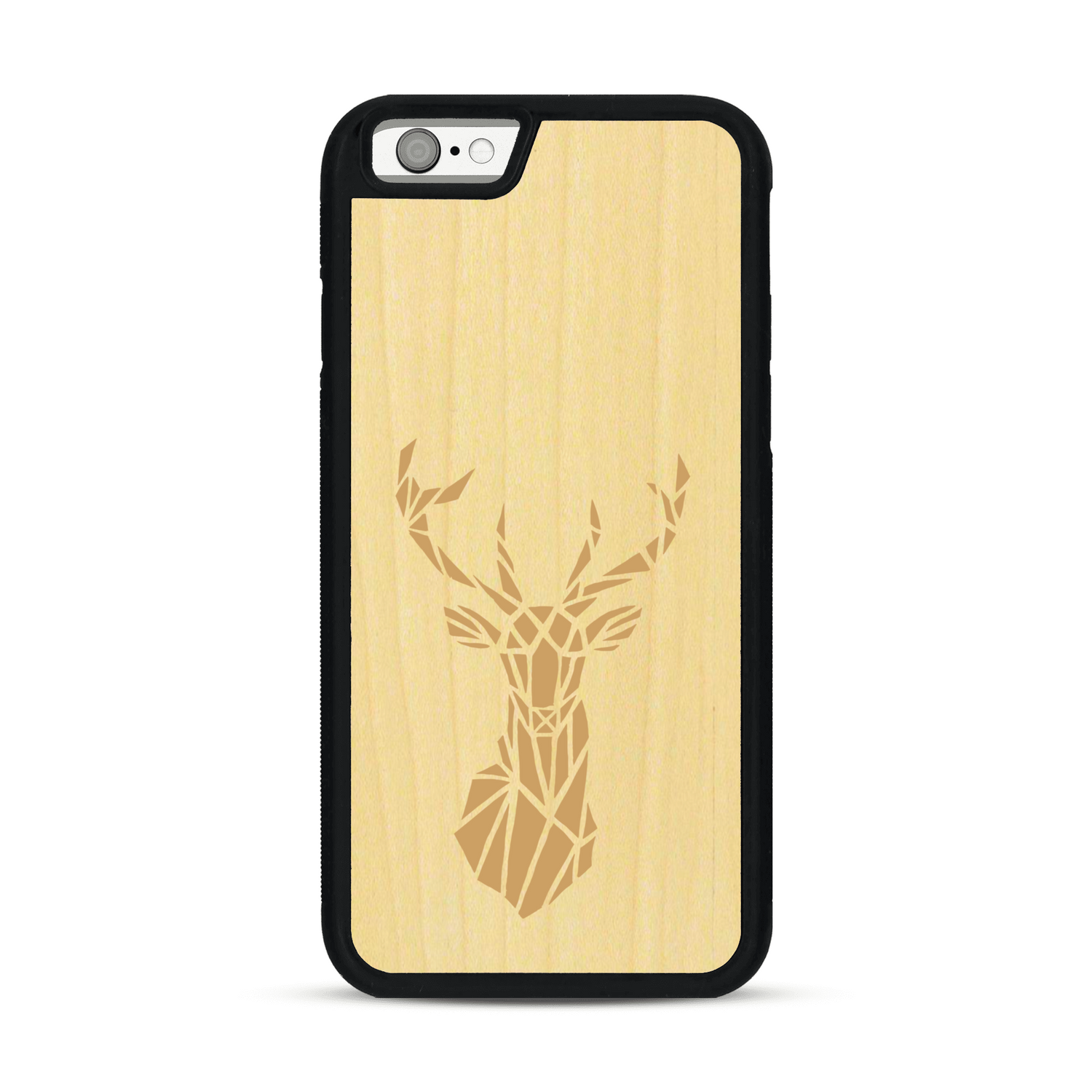 Coque de protection en bois véritable fabriquée en France pour  sur le thème de la nature et des animaux représentant une tête de cerf gométrique avec un design moderne et minimaliste