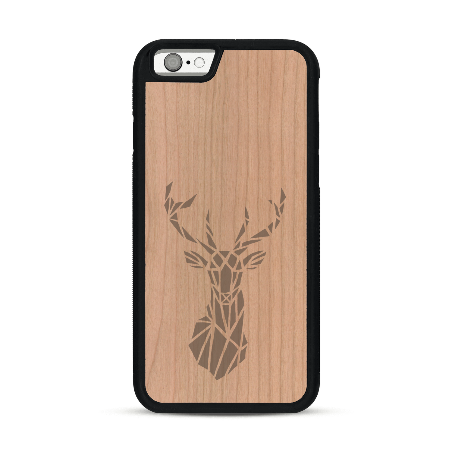 Coque de protection en bois véritable fabriquée en France pour  sur le thème de la nature et des animaux représentant une tête de cerf gométrique avec un design moderne et minimaliste