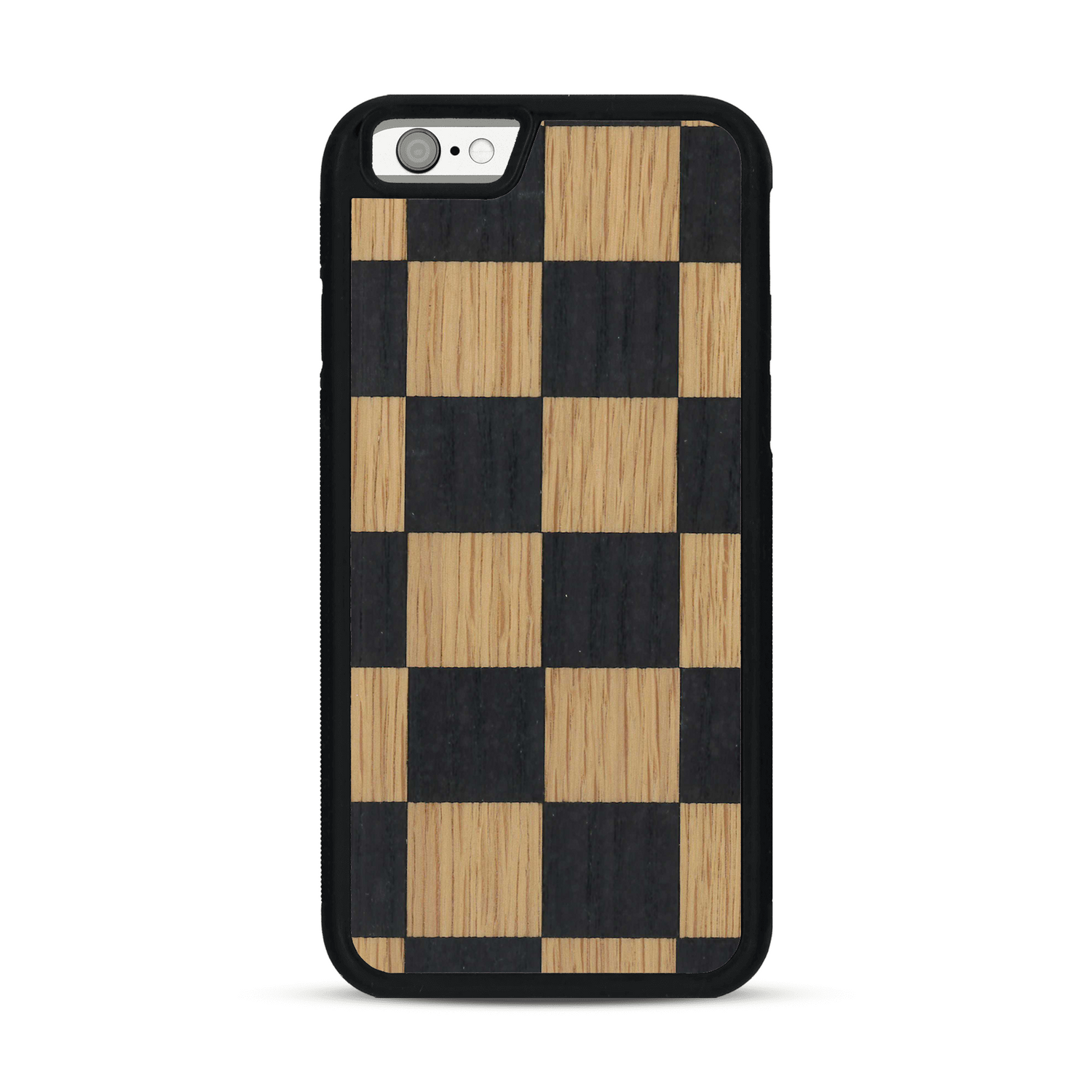 Coque de protection en bois véritable fabriquée en France pour  alliant plusieurs essences de bois pour représenter un damier