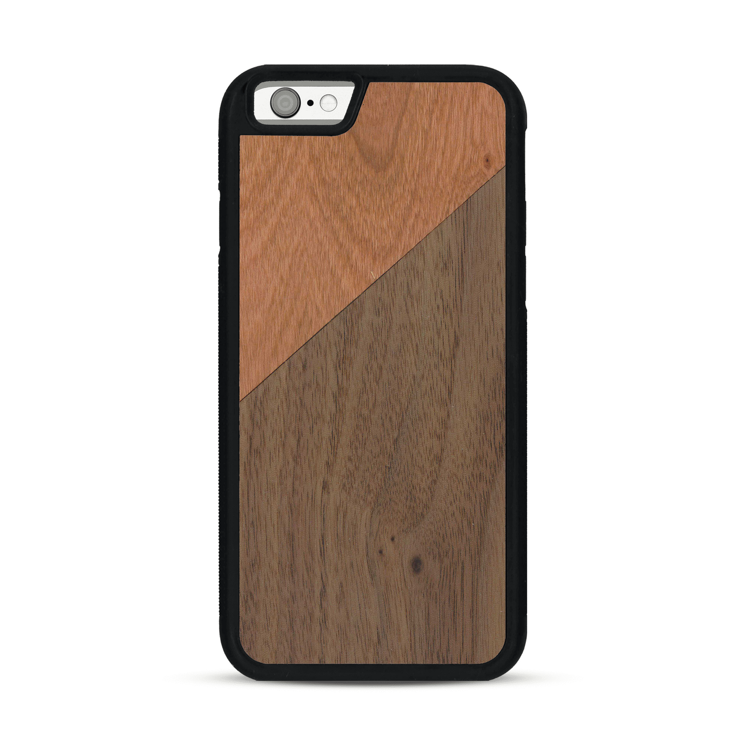 Coque de protection en bois véritable fabriquée en France pour  alliant du merisier et du noyer formant chacun un triangle avec une jointure en diagonale sur le thème de l'art abstrait