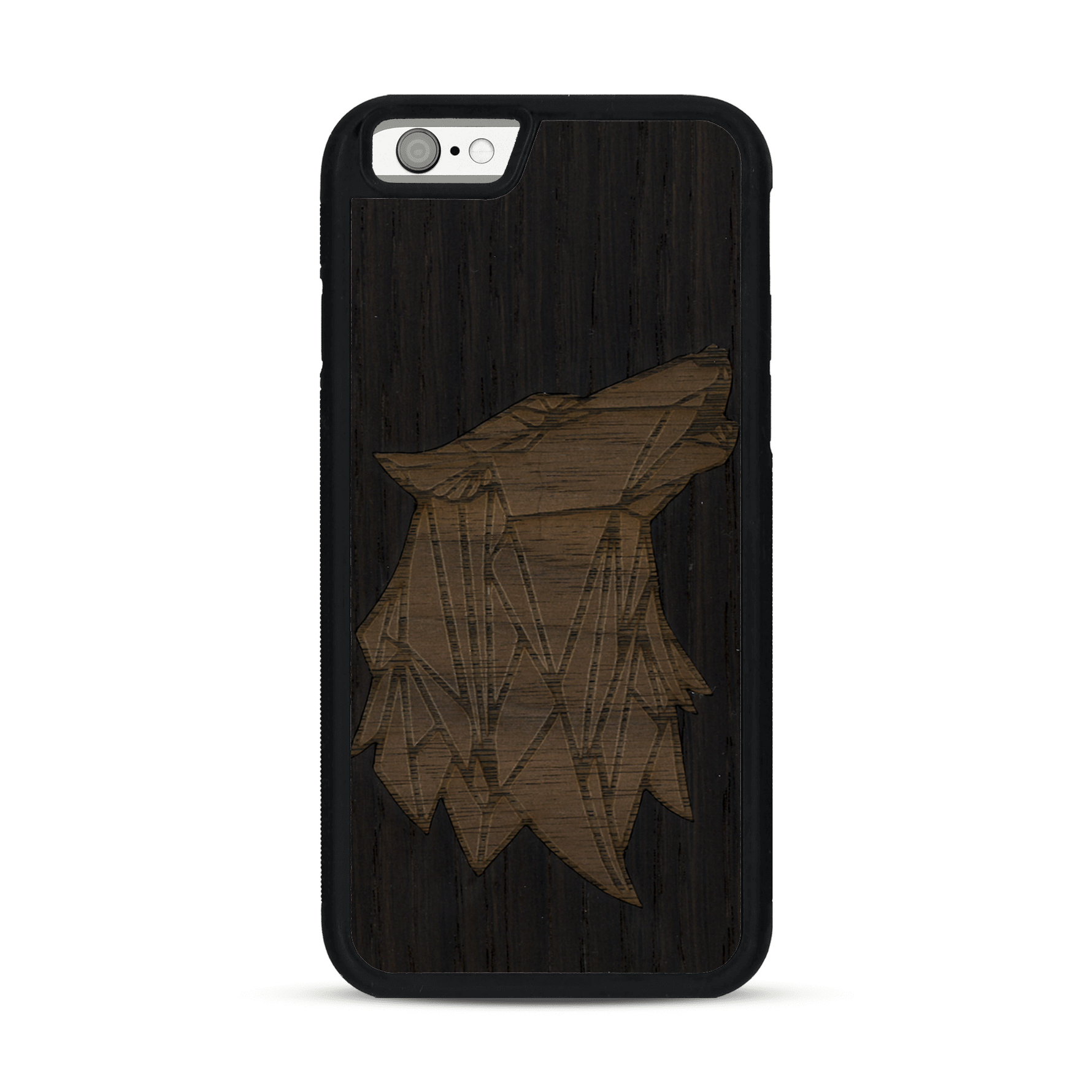 Coque de protection en bois véritable fabriquée en France pour  alliant du chêne fumé et du noyer représentant une tête de loup géométrique de profil sur le thème des animaux et de la nature