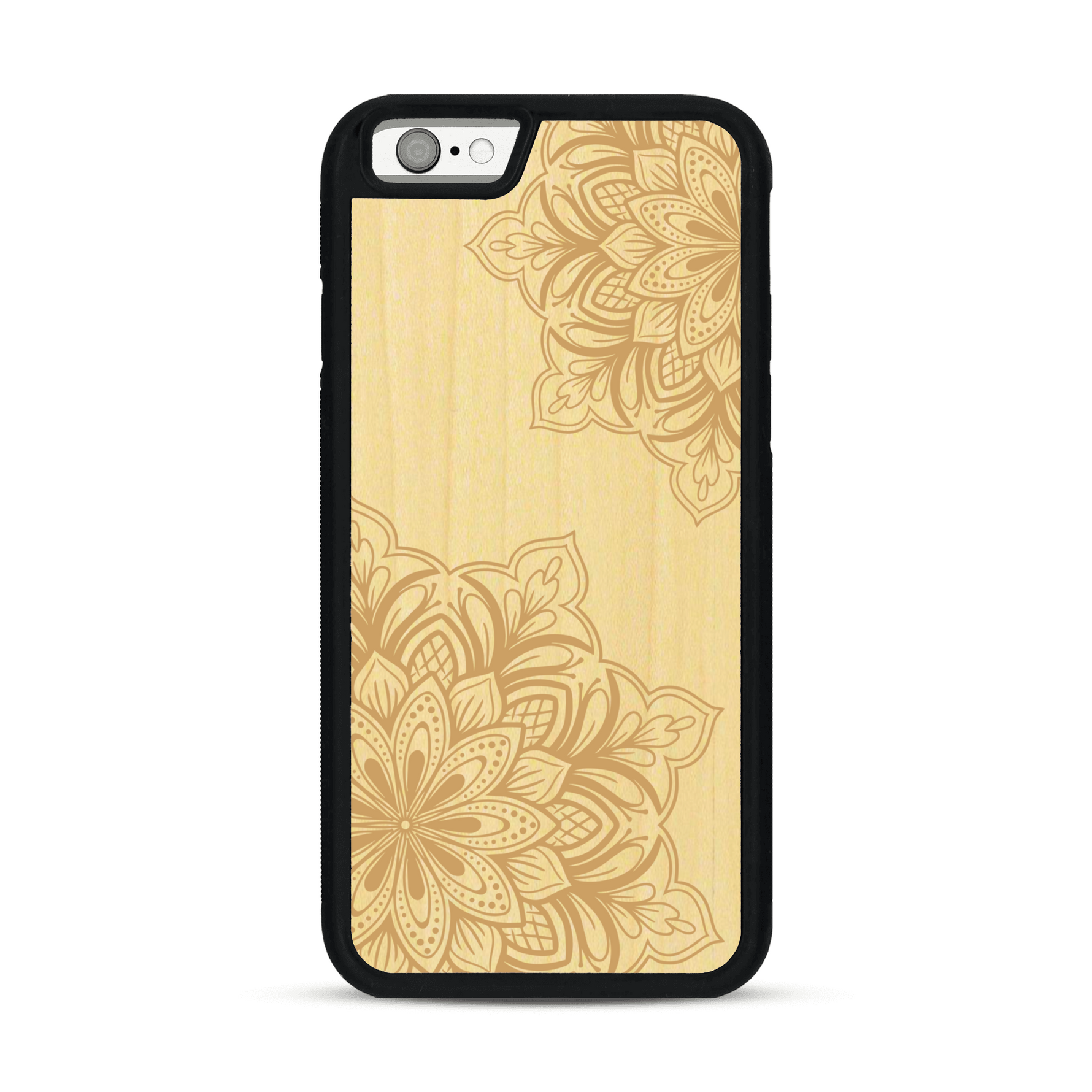 Coque de protection en bois véritable fabriquée en France pour  sur le thème de la bohème et du tatouage au henné avec une gravure représentant un mandala