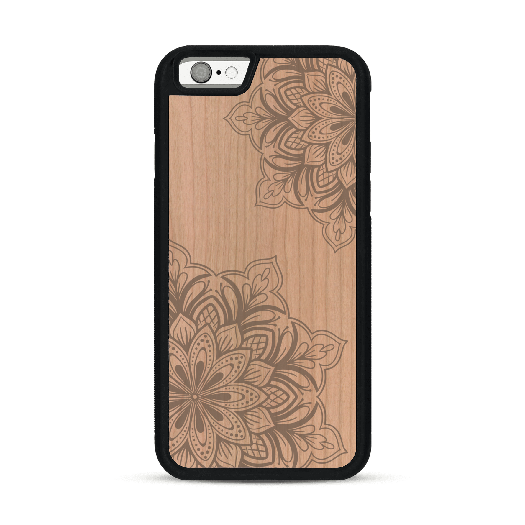 Coque de protection en bois véritable fabriquée en France pour  sur le thème de la bohème et du tatouage au henné avec une gravure représentant un mandala