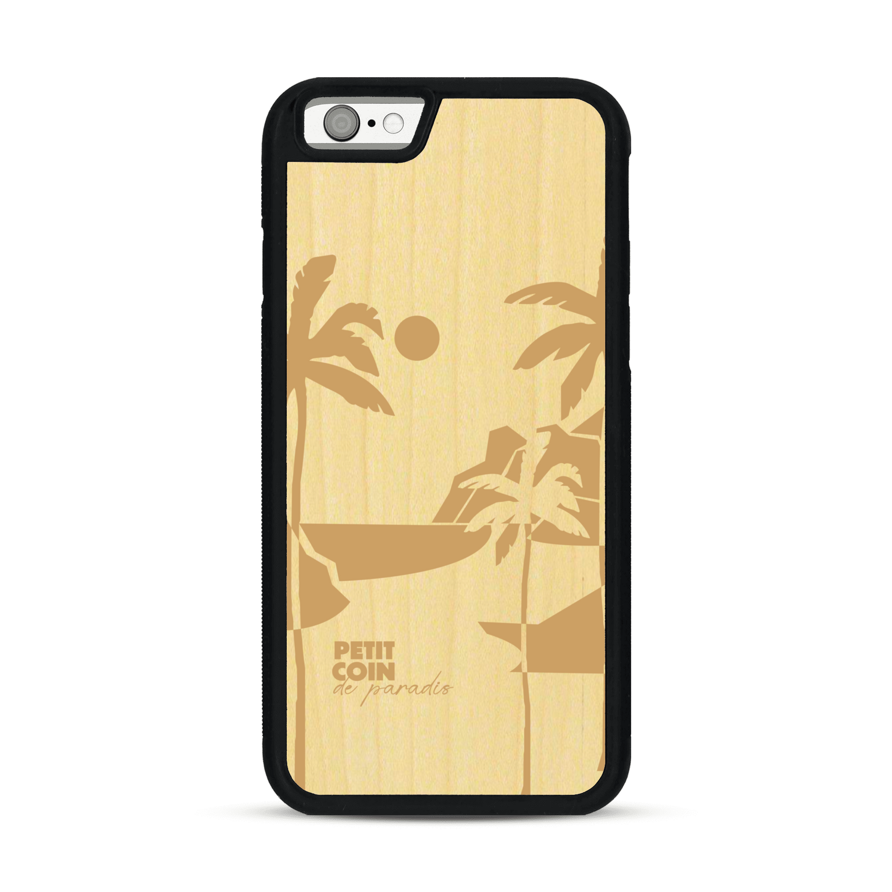 Coque de protection en bois véritable fabriquée en France pour  sur le thème des voyages en vans, vanlife et chill avec une gravure représentant un van vw combi devant le soleil couchant sur une plage avec des vagues