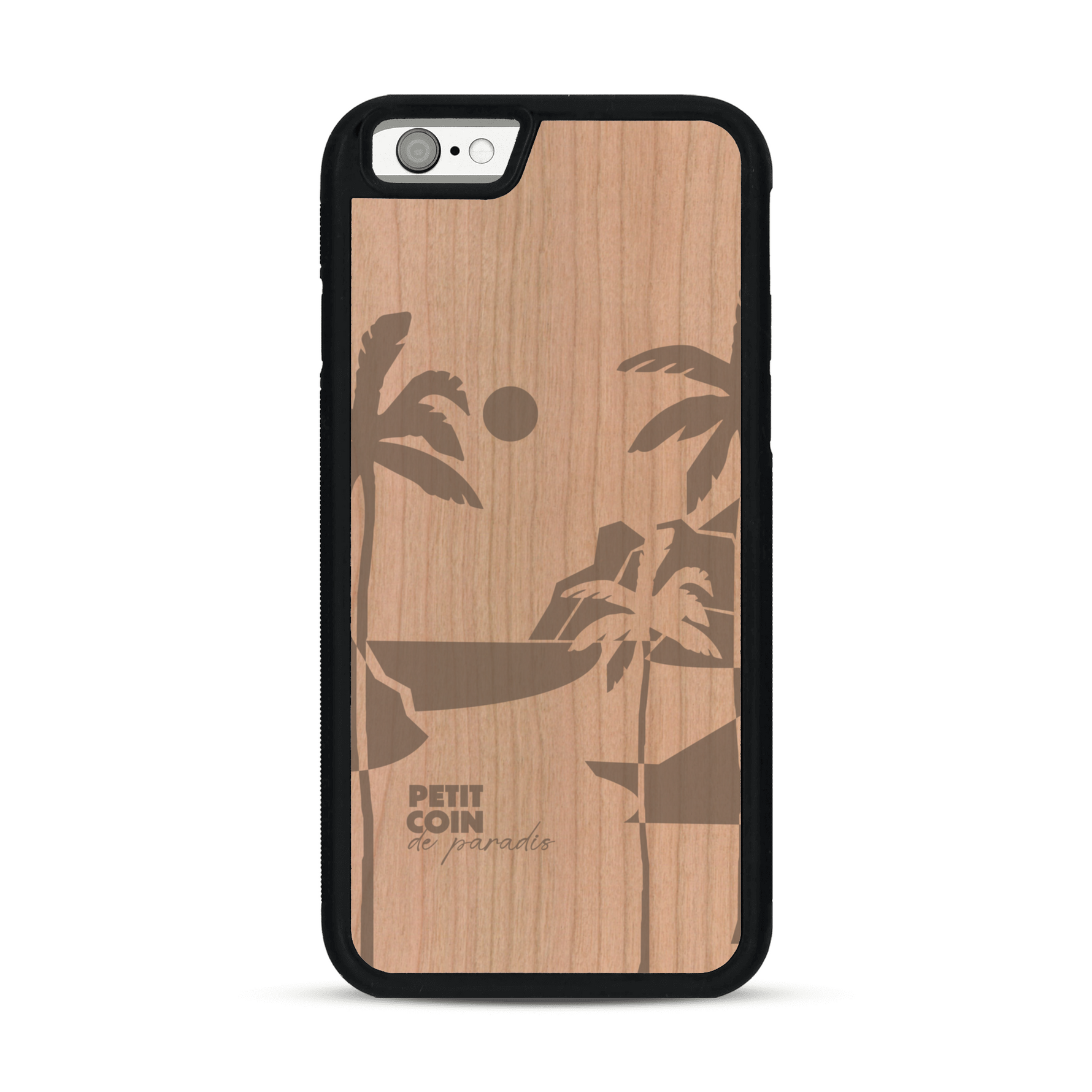 Coque de protection en bois véritable fabriquée en France pour  sur le thème des voyages en vans, vanlife et chill avec une gravure représentant un van vw combi devant le soleil couchant sur une plage avec des vagues