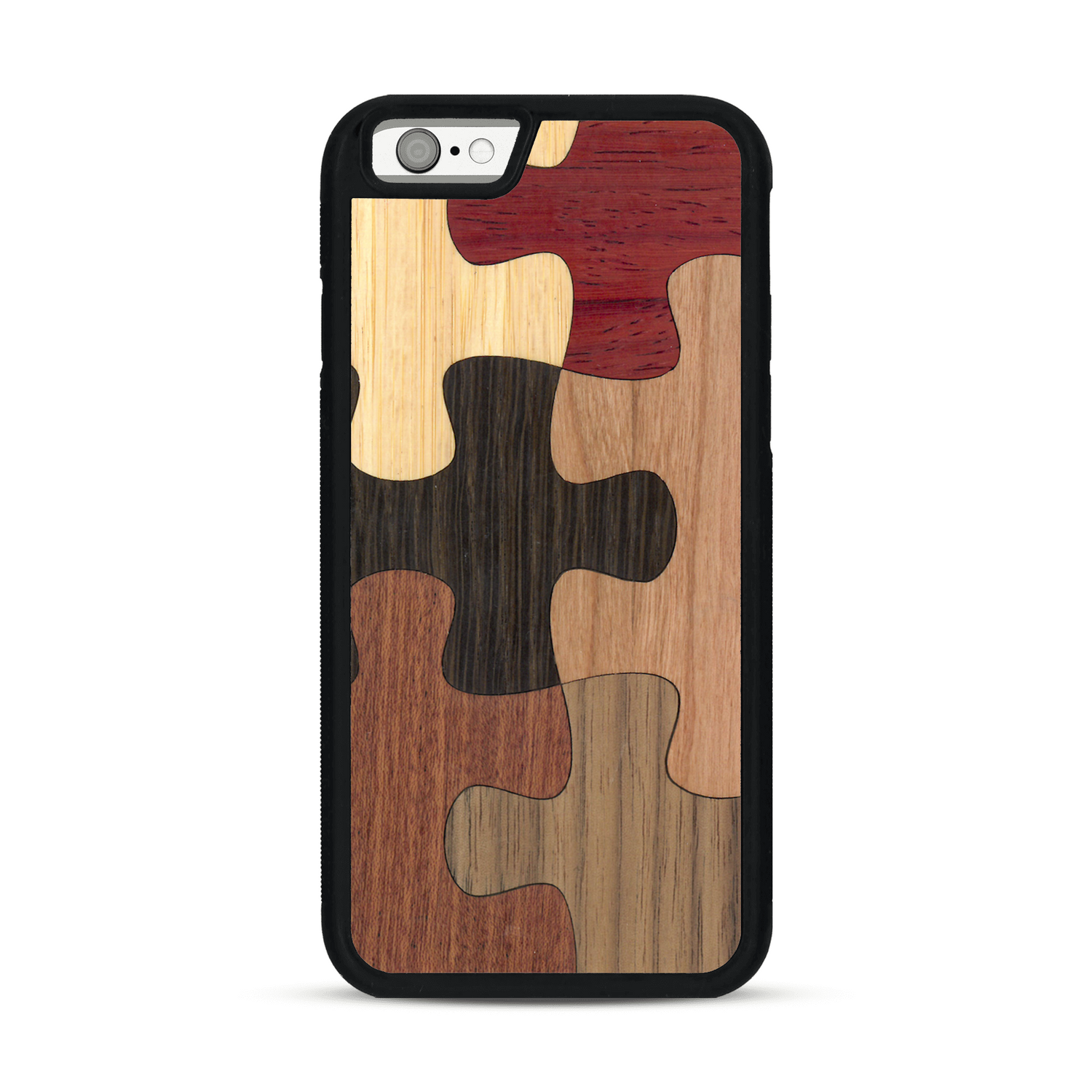 Coque de protection en bois véritable fabriquée en France pour  représentant un puzzle en six pièces qui allie du chêne fumé, du noyer, du bambou, du padouk, du merisier et de l'acajou