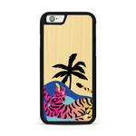 Coque de protection en bois véritable fabriquée en France pour iPhone 6 / 6s représentant un tigre coloré avec un design moderne et minimaliste sur le thème de la jungle et de la nature