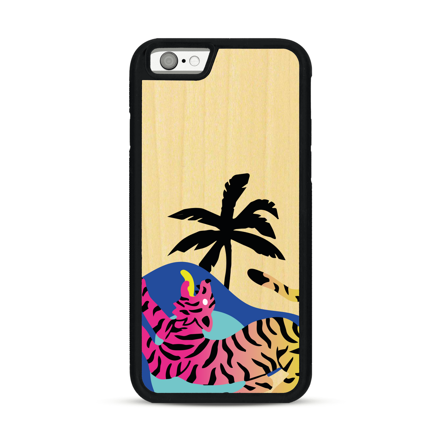 Coque de protection en bois véritable fabriquée en France pour iPhone 6 / 6s représentant un tigre coloré avec un design moderne et minimaliste sur le thème de la jungle et de la nature