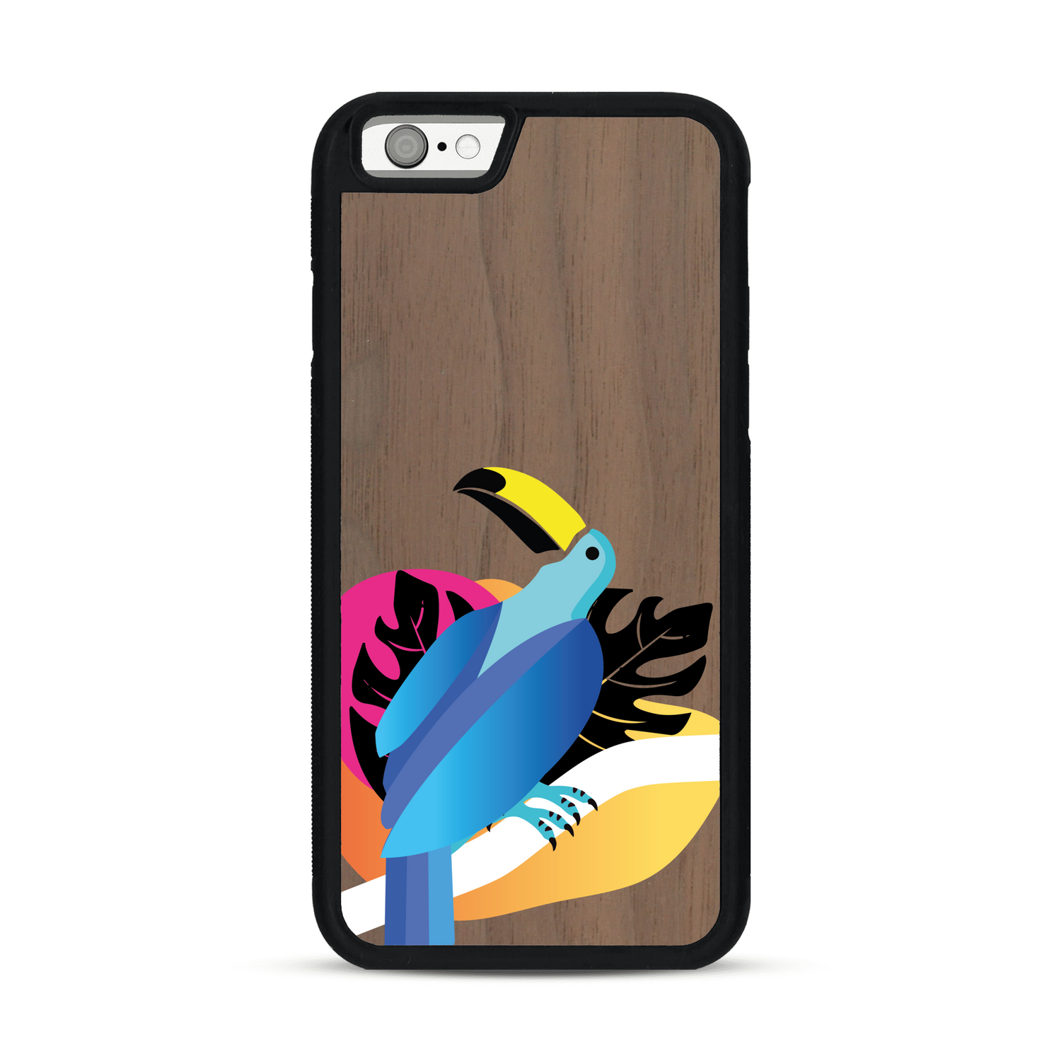 Coque de protection en bois véritable fabriquée en France pour iPhone 6 / 6s représentant un toucan coloré avec un design moderne et minimaliste sur le thème de la jungle et de la nature