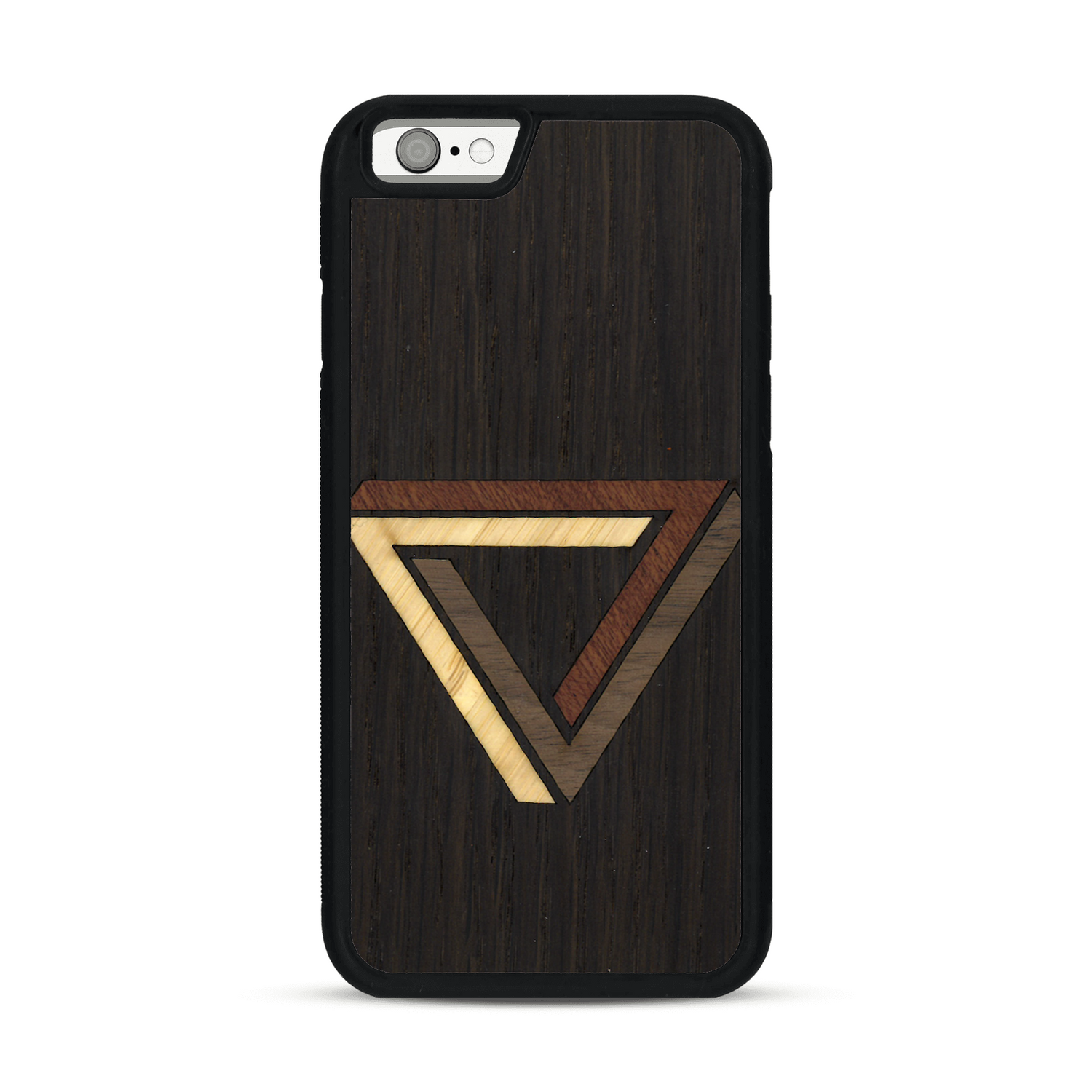 Coque de protection en bois véritable fabriquée en France pour  sur le thème de l'art géométrique qui allie du chêne fumé, du noyer, du bambou et du padouk représentant le triangle de penrose