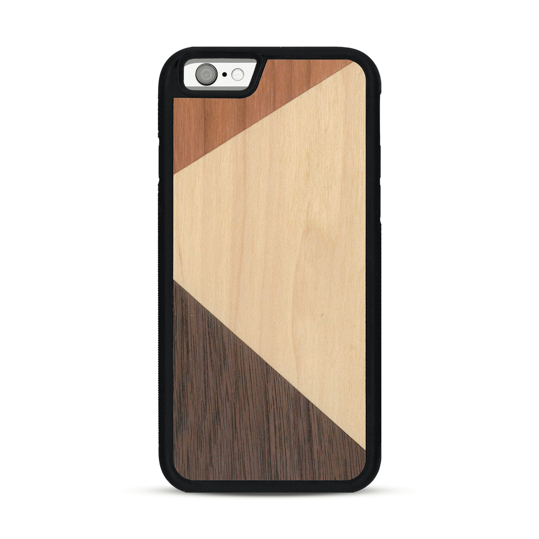 Coque de protection en bois véritable fabriquée en France pour  alliant du merisier, du noyer et du bambou formant chacun deux triangles et un trapèze avec deux jointures en diagonale sur le thème de l'art abstrait