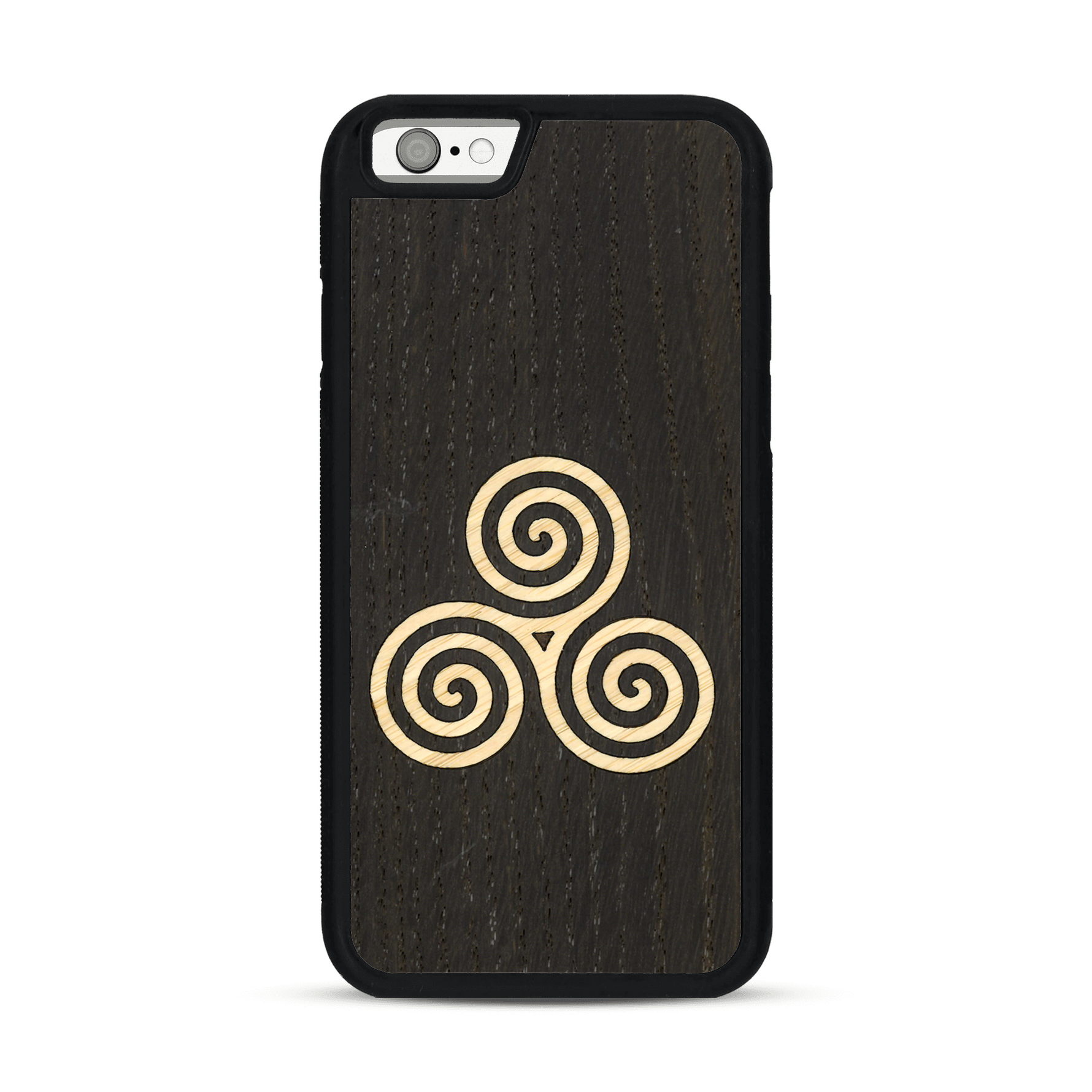 Coque de protection en bois véritable fabriquée en France pour  alliant du chêne fumé et du bambou et doré représentant un triskell