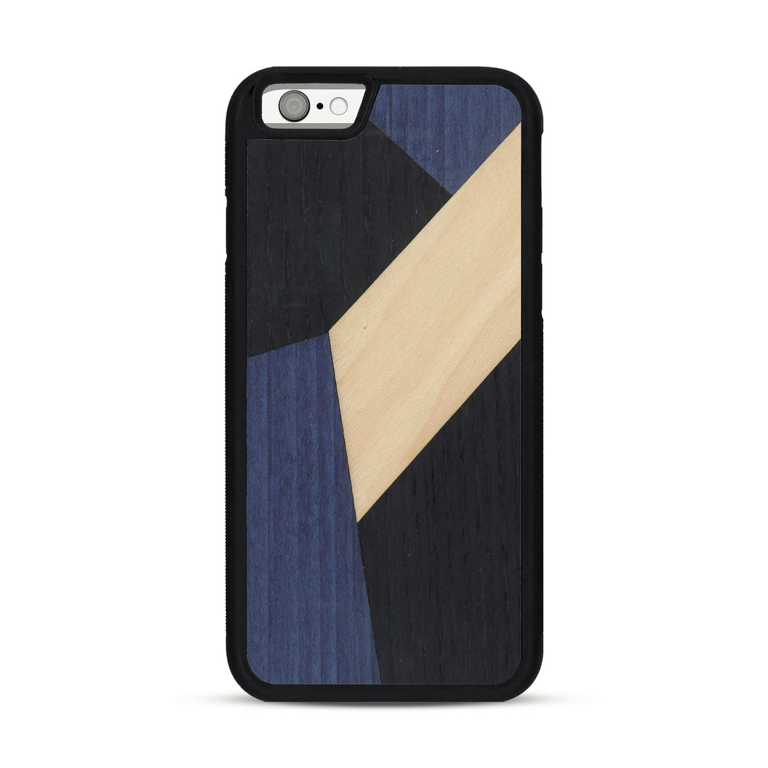 Coque de protection en bois véritable fabriquée en France pour  alliant du bambou, du tulipier bleu et noir en forme de mosaïque minimaliste sur le thème de l'art abstrait