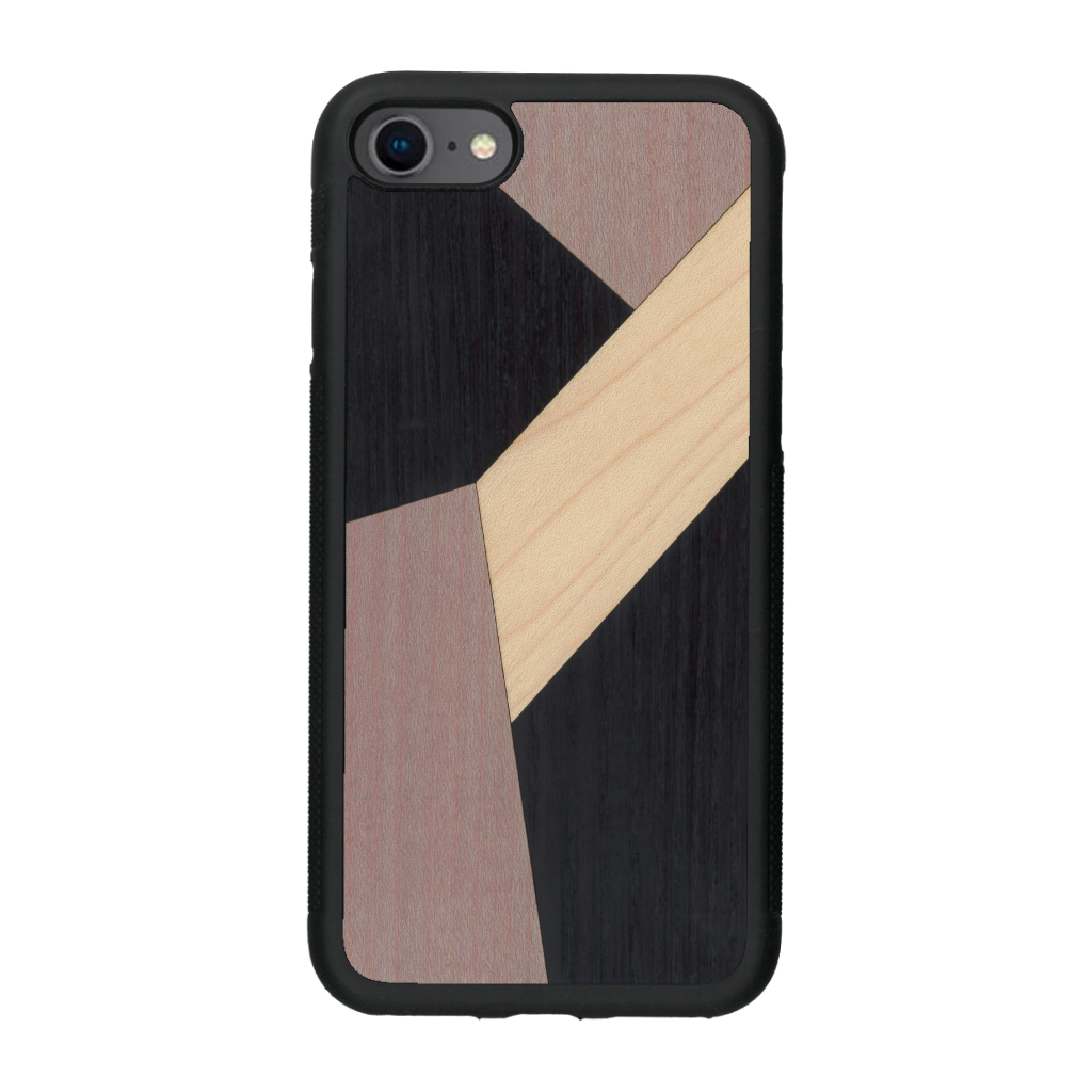 Coque de protection en bois véritable fabriquée en France pour iPhone 6 / 6s alliant du bambou, du tulipier mauve et noir en forme de mosaïque minimaliste sur le thème de l'art abstrait
