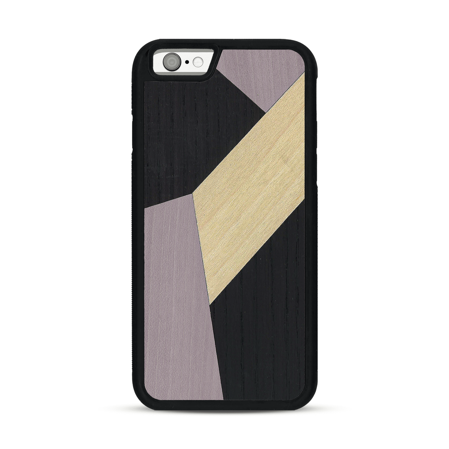 Coque de protection en bois véritable fabriquée en France pour  alliant du bambou, du tulipier mauve et noir en forme de mosaïque minimaliste sur le thème de l'art abstrait