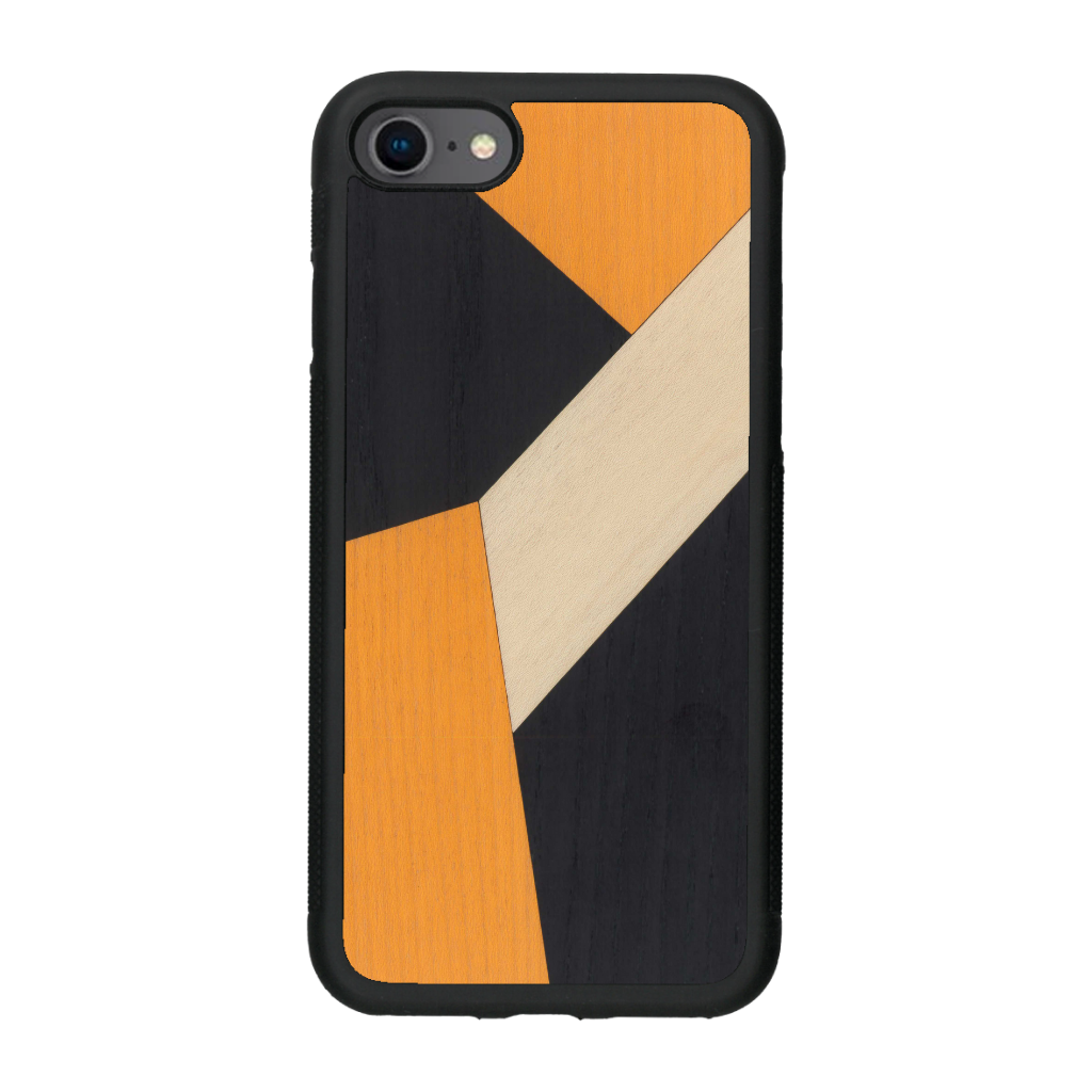 Coque de protection en bois véritable fabriquée en France pour iPhone 6 / 6s alliant du bambou, du tulipier orange et noir en forme de mosaïque minimaliste sur le thème de l'art abstrait
