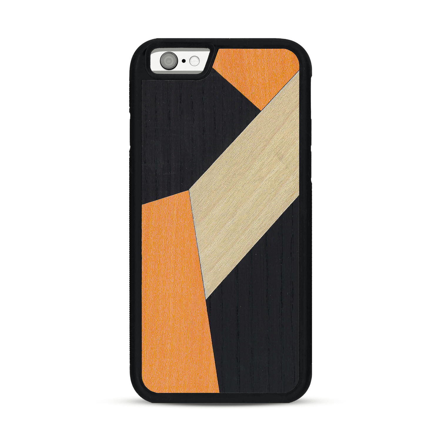 Coque de protection en bois véritable fabriquée en France pour  alliant du bambou, du tulipier orange et noir en forme de mosaïque minimaliste sur le thème de l'art abstrait