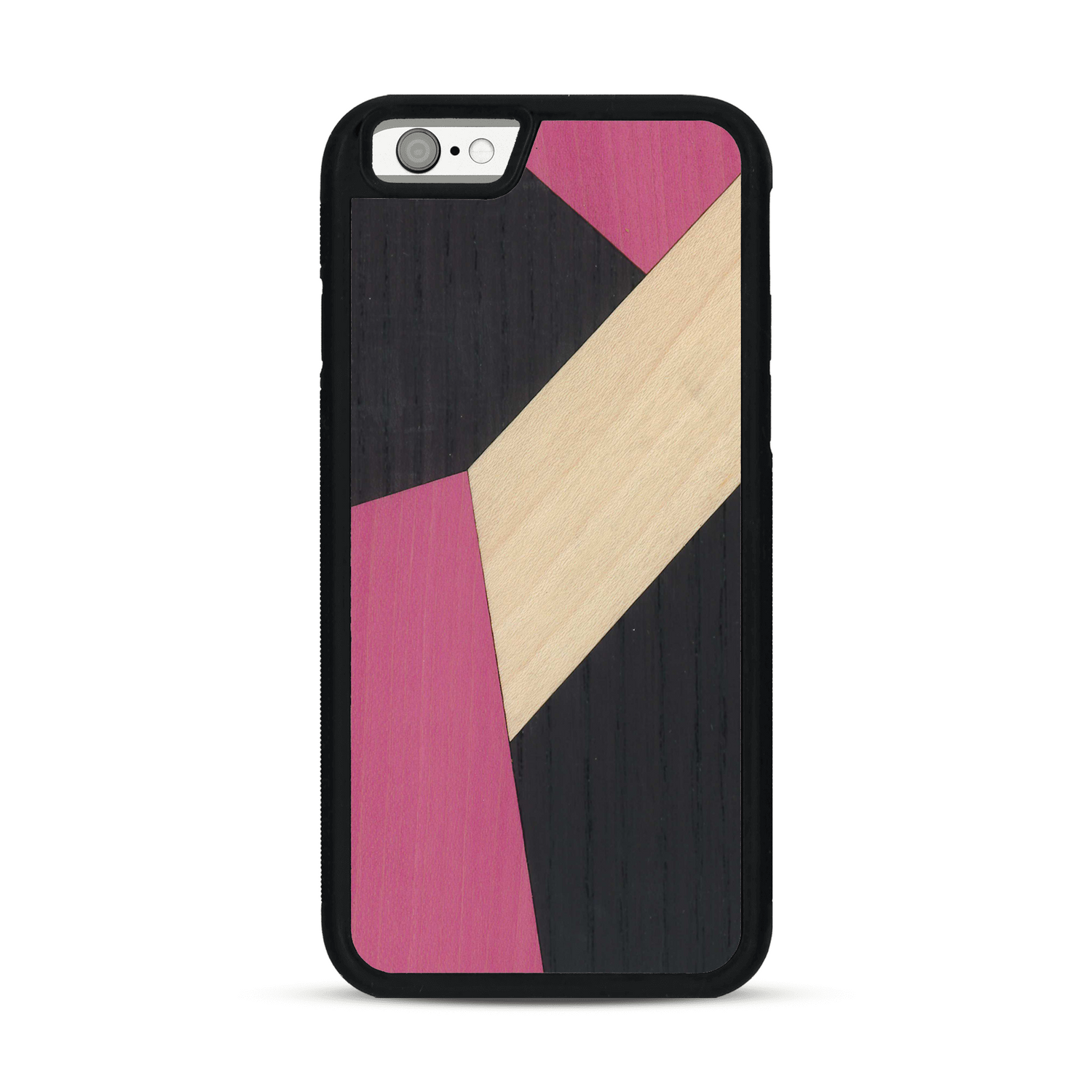 Coque de protection en bois véritable fabriquée en France pour  alliant du bambou, du tulipier rose et noir en forme de mosaïque minimaliste sur le thème de l'art abstrait