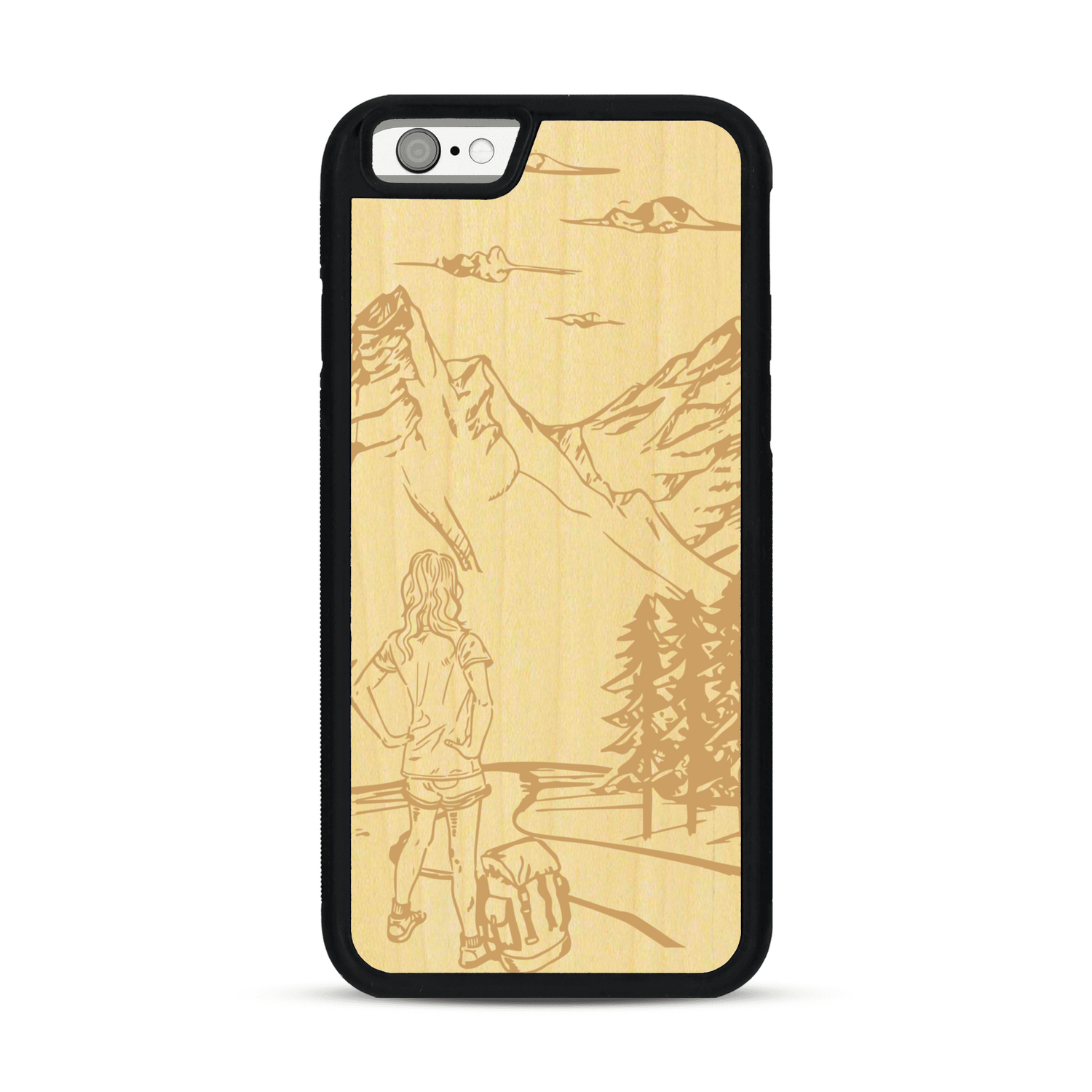 Coque de protection en bois véritable fabriquée en France pour  sur le thème de la randonnée en montagne et de l'aventure avec une gravure représentant une femme de dos face à un paysage de nature