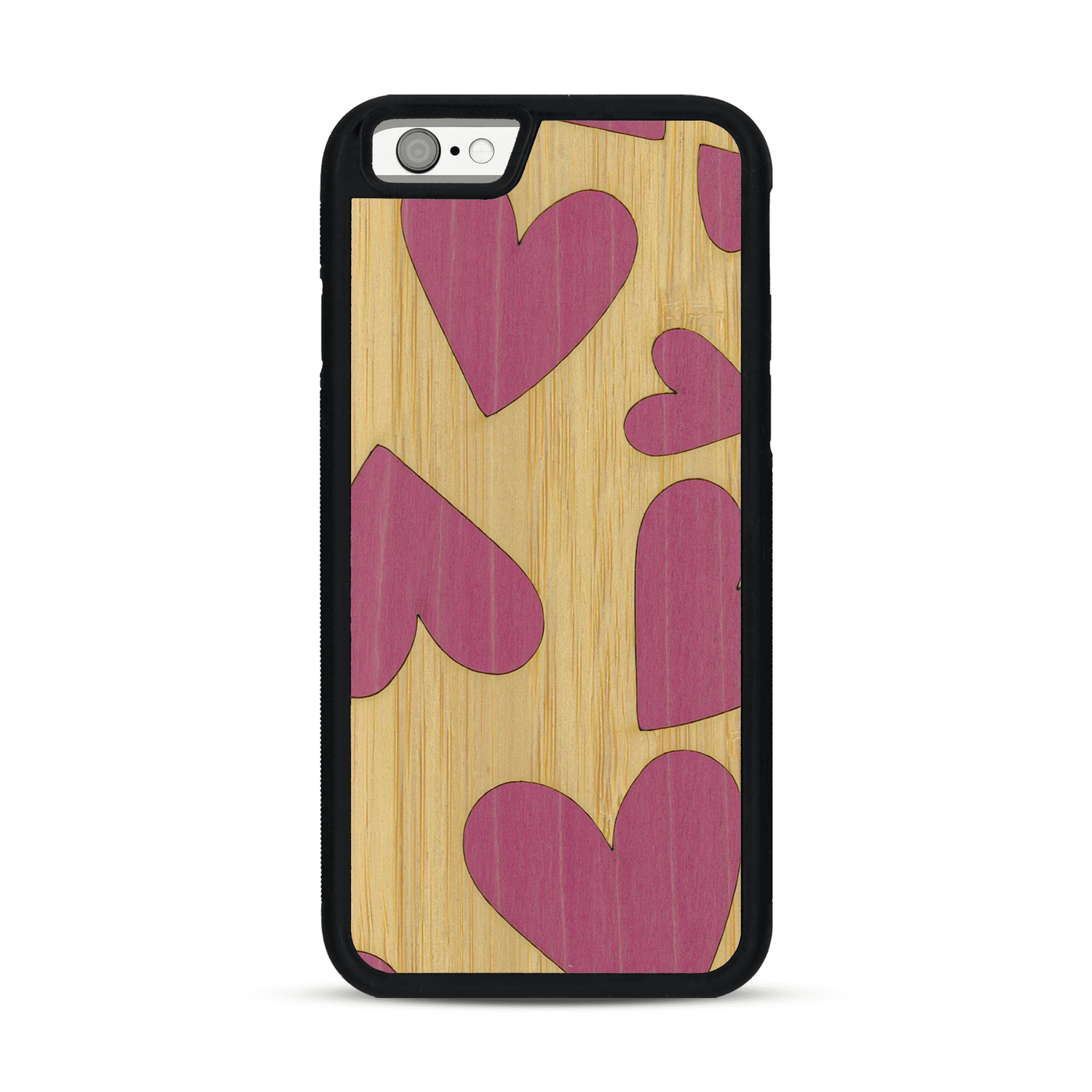 Coque de protection en bois véritable fabriquée en France pour  alliant plusieurs essences de bois pour représenter des coeurs pour les amoureux