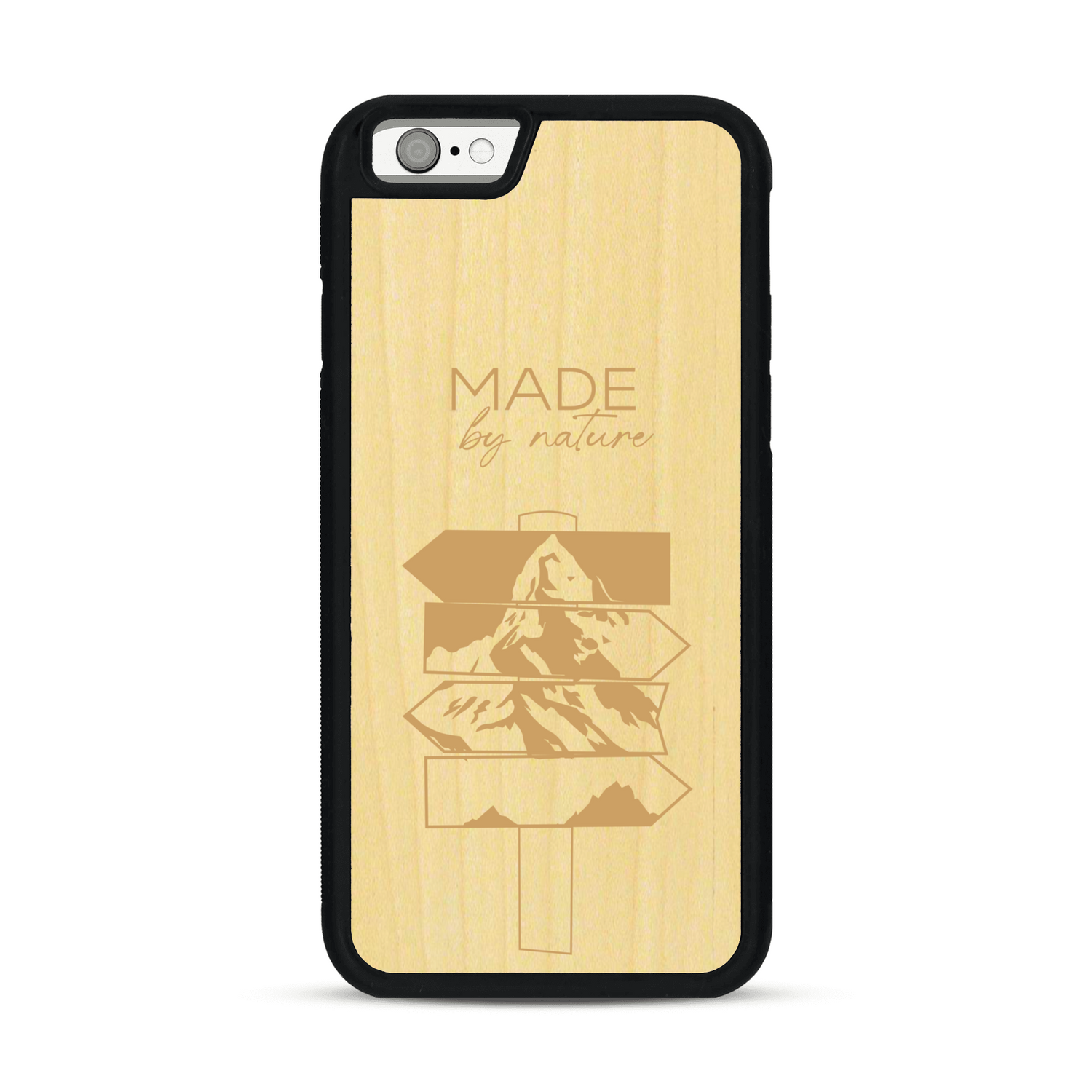 Coque de protection en bois véritable fabriquée en France pour  sur le thème de la nature et des arbres avec une gravure représentant une pomme de pin et la phrase "made by nature"