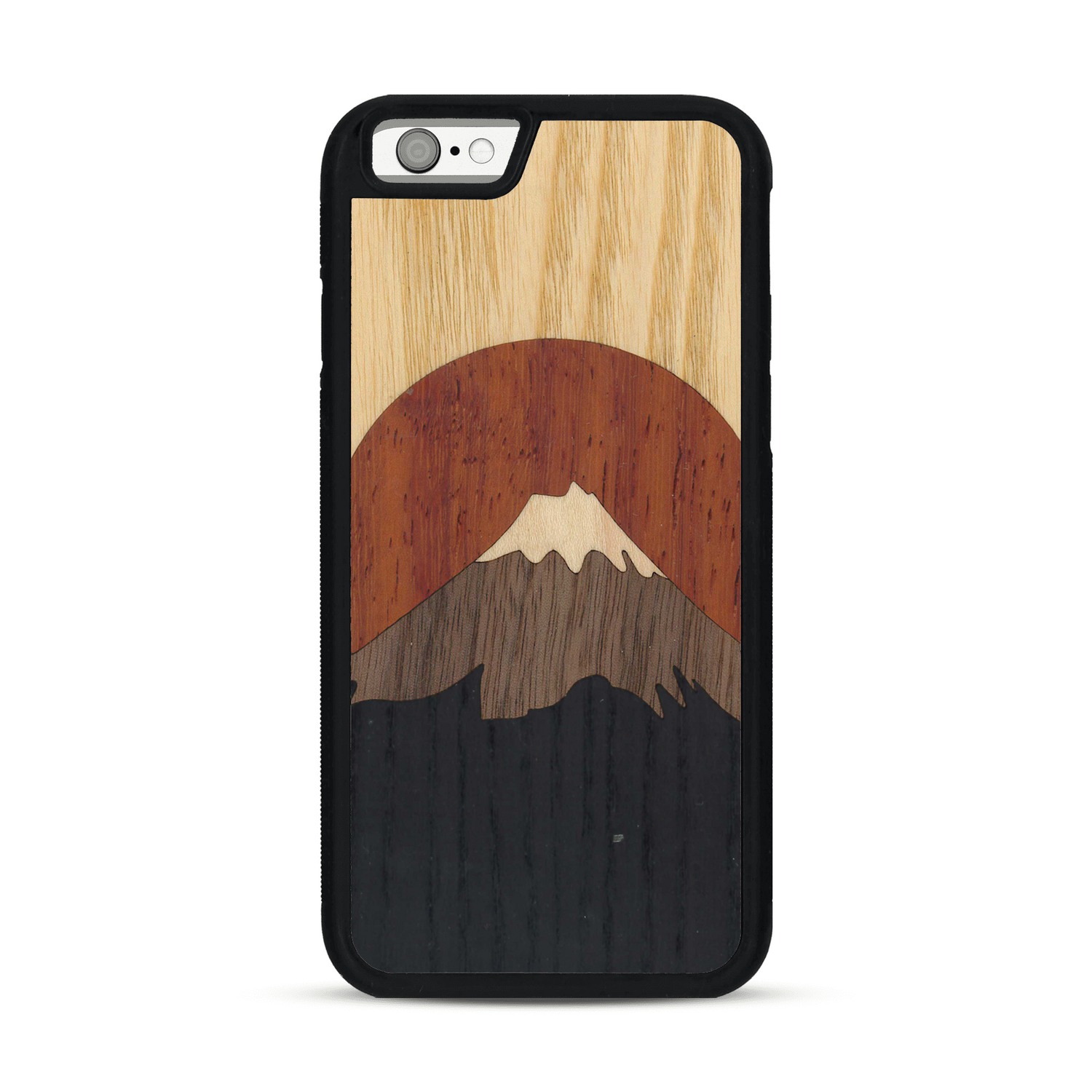 Coque de protection en bois véritable fabriquée en France pour  alliant plusieurs essences de bois pour représenter le mont Fuji