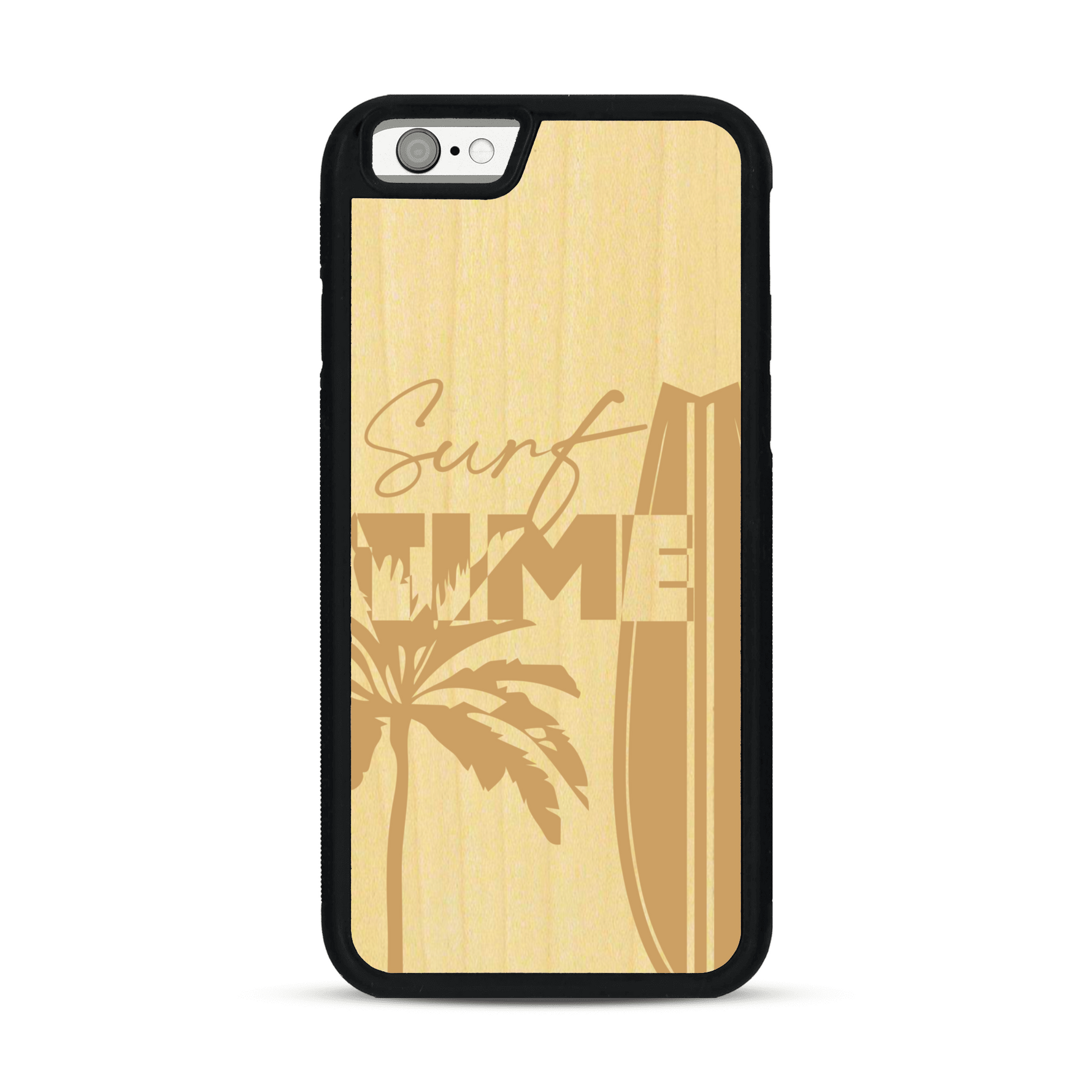 Coque de protection en bois véritable fabriquée en France pour  sur le thème chill avec un motif représentant une silouhette tenant une planche de surf sur une plage entouré de palmiers et les mots "Surf Time Long Beach Miami"