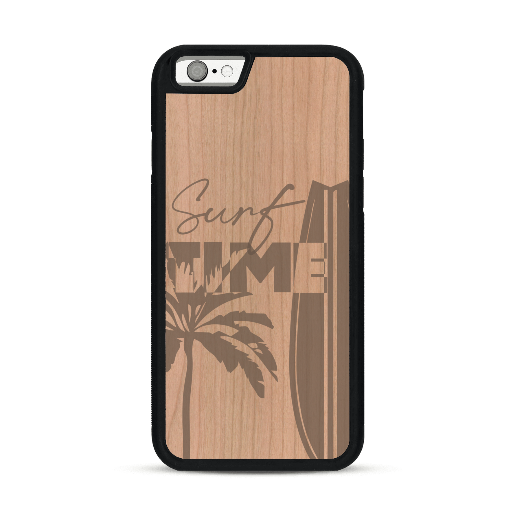 Coque de protection en bois véritable fabriquée en France pour  sur le thème chill avec un motif représentant une silouhette tenant une planche de surf sur une plage entouré de palmiers et les mots "Surf Time Long Beach Miami"