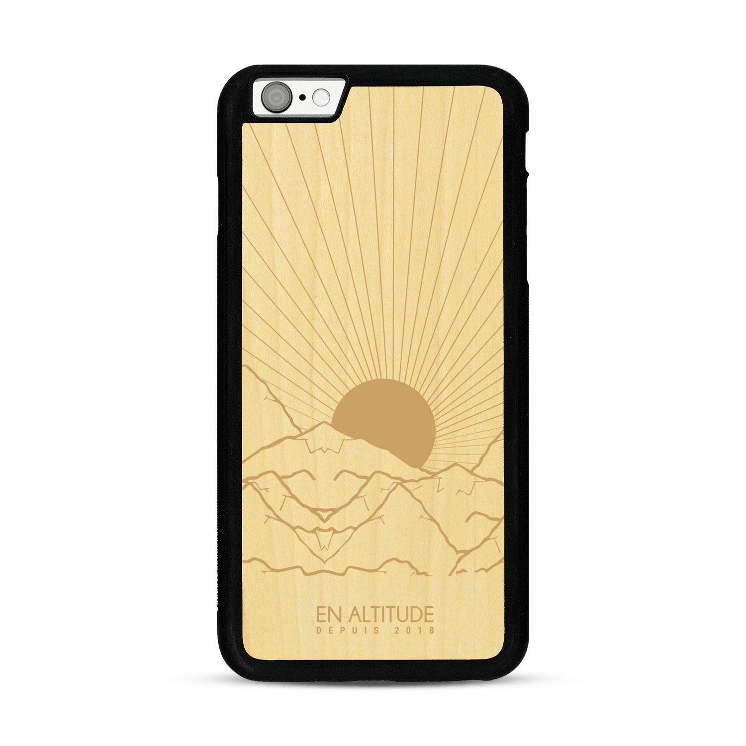 Coque de protection en bois véritable fabriquée en France pour  représentant des montagnes, sur le thème de la randonnée en pleine nature et du trail