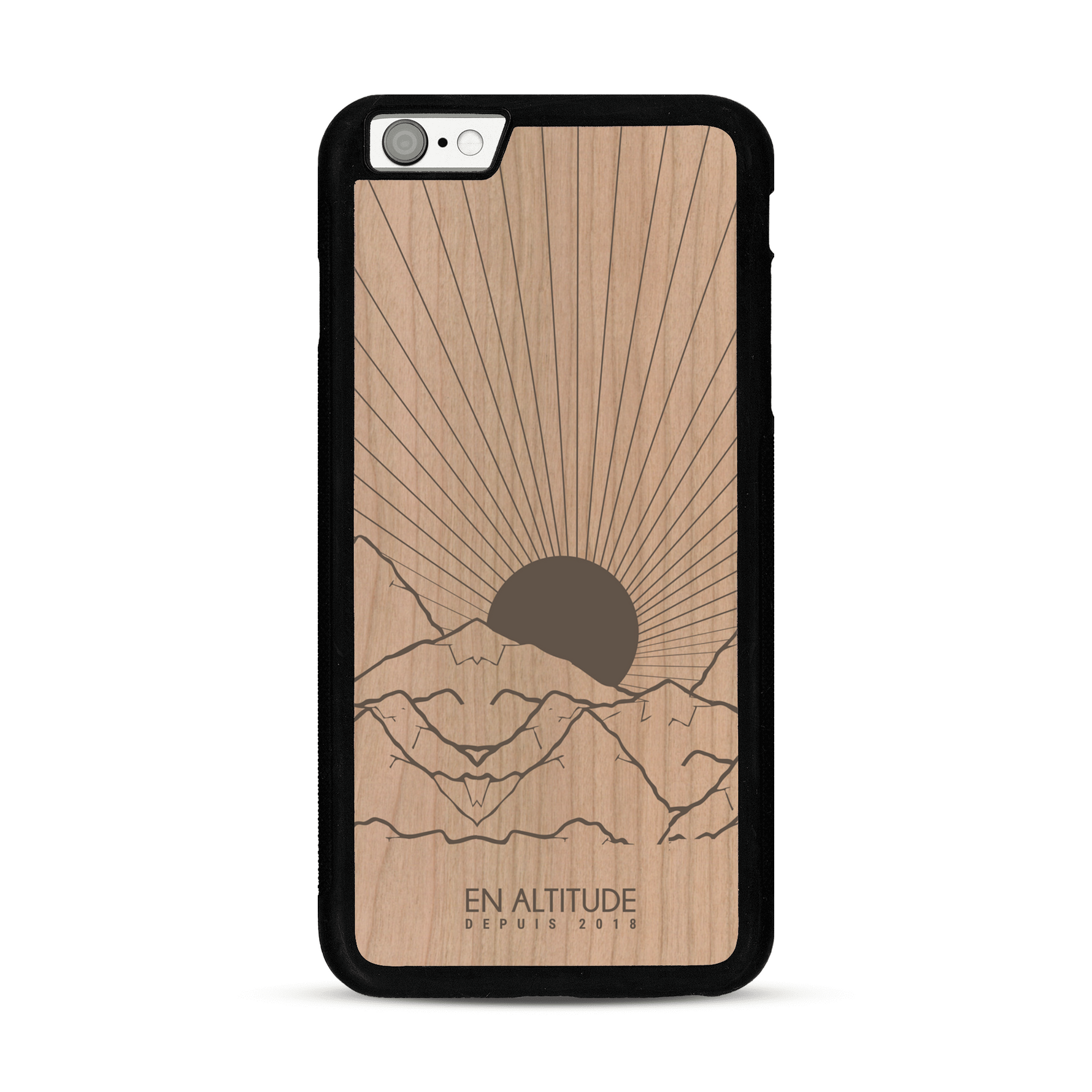 Coque de protection en bois véritable fabriquée en France pour  représentant des montagnes, sur le thème de la randonnée en pleine nature et du trail